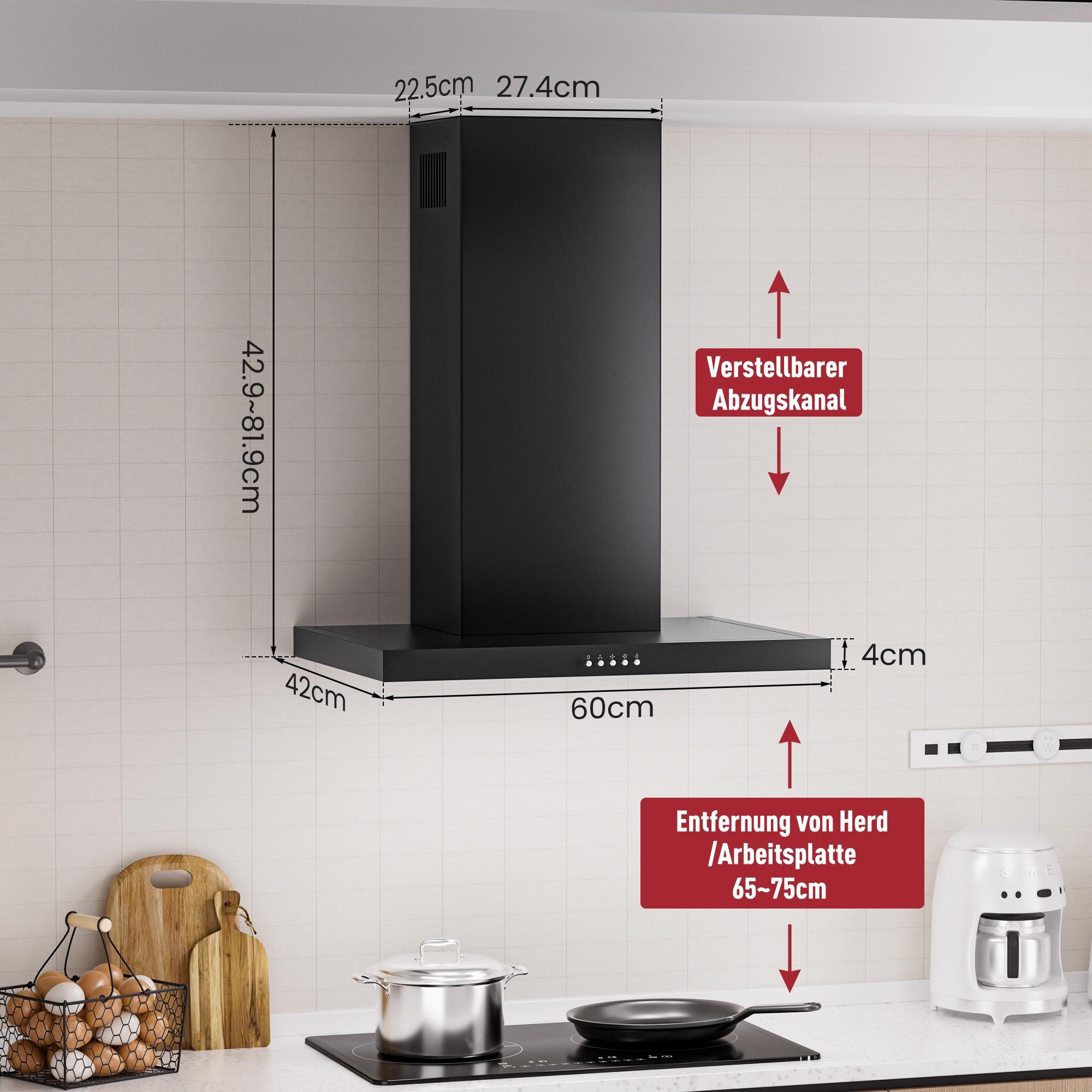 Levivo Wandhaube A++ Dunstabzugshaube 60cm Umluft & Abluft mit 380 m³/h Aktivkohlefiltern, Fettfiltern, LED-Beleuchtung – Bild 5 von 5