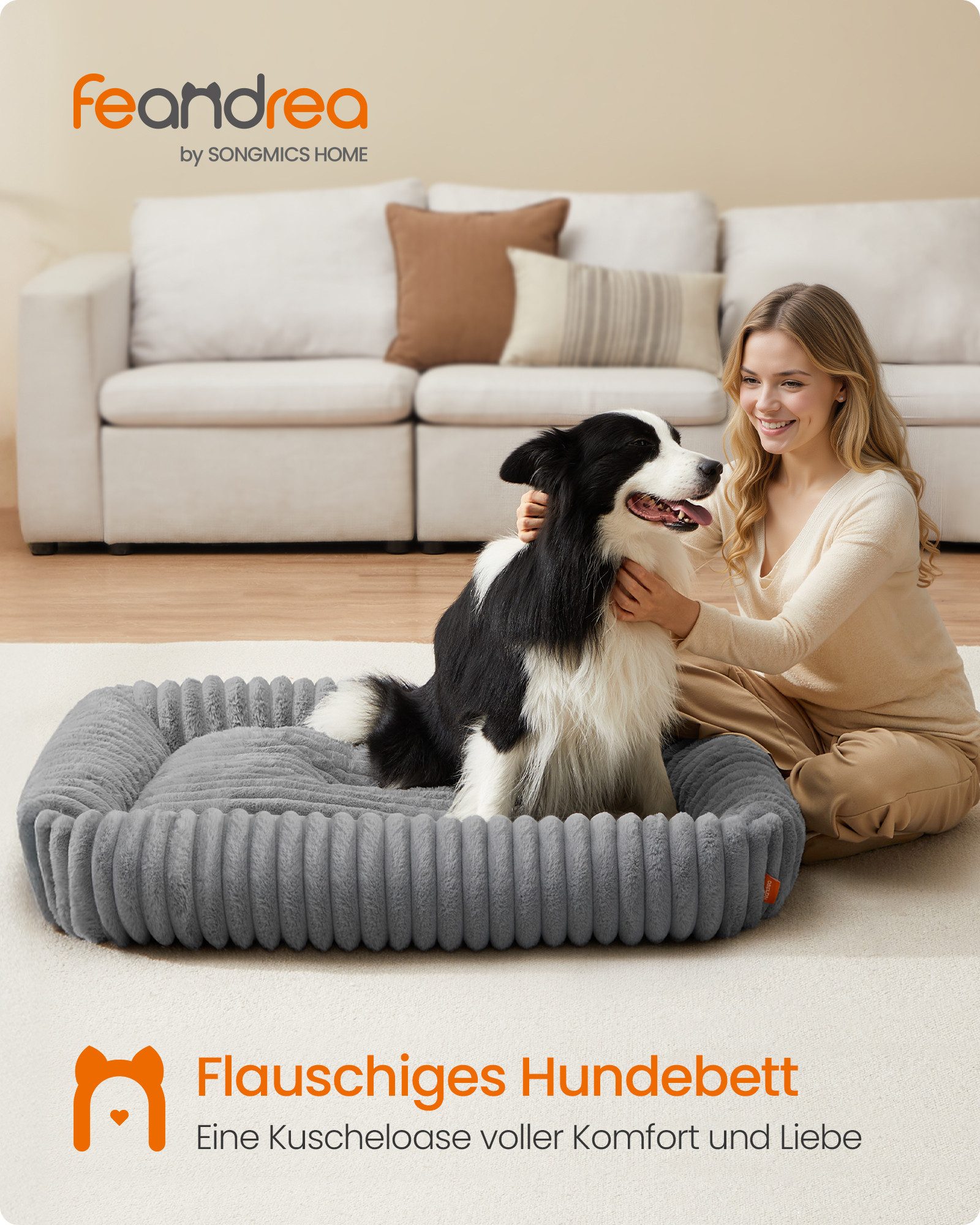 FEANDREA Hundebett orthopädisches Hundekörbchen, flauschige Hundematte, großes, Hundekissen waschbar, weiche Polsterung, 106 x 75 x 20 cm, XL