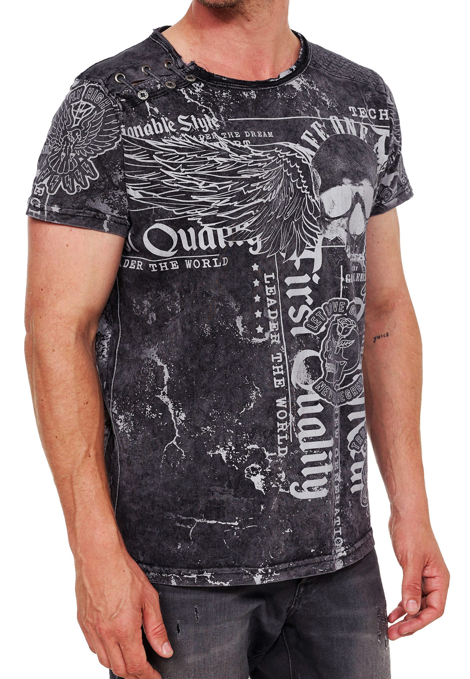 R-NEAL T-Shirt Skull Print Oil Washed günstig online kaufen