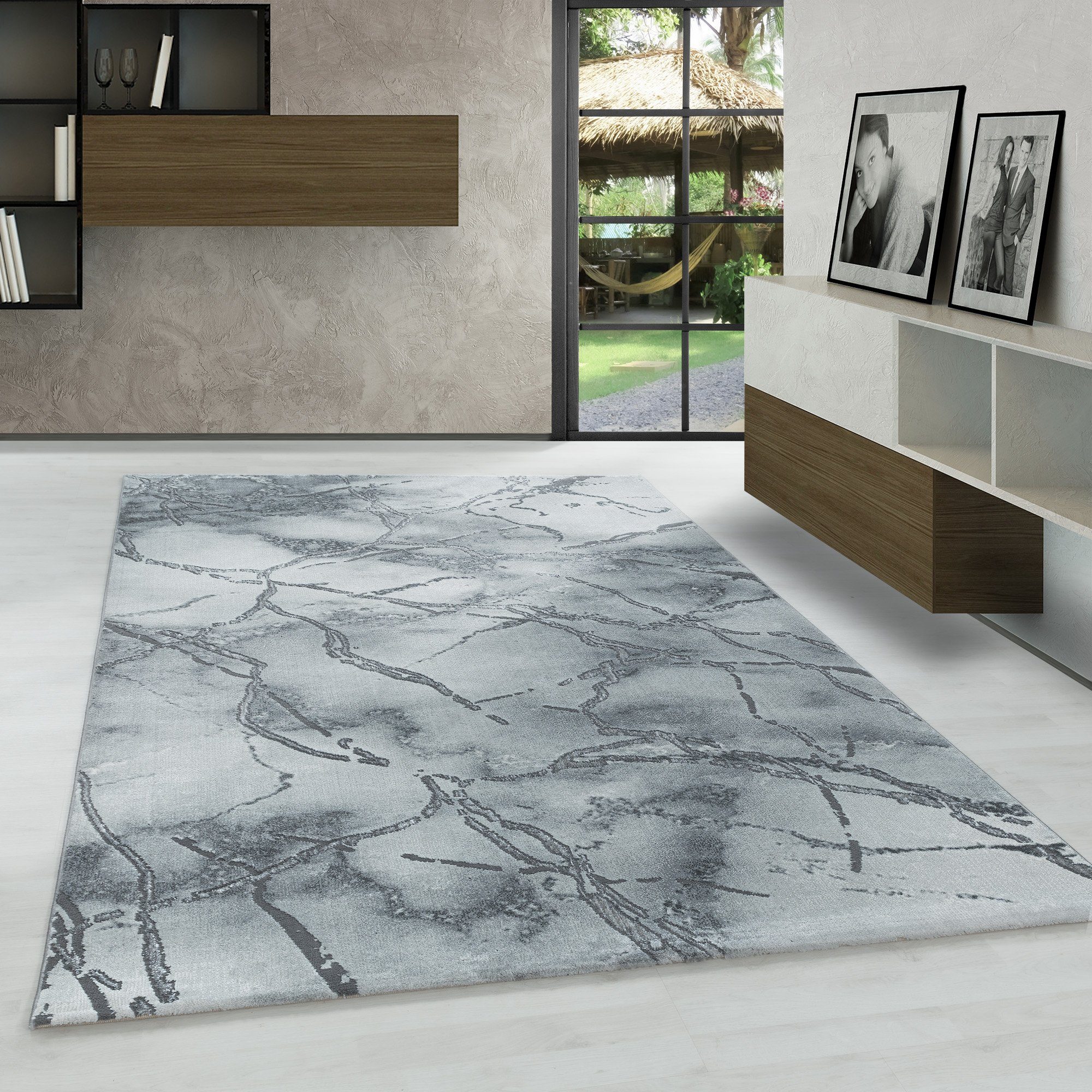 Designteppich Marmor Design, Carpetsale24, Läufer, Höhe: 12 mm, Kurzflor Teppich Wohnzimmer Marmor Design Silberfarbe, Modern Stil