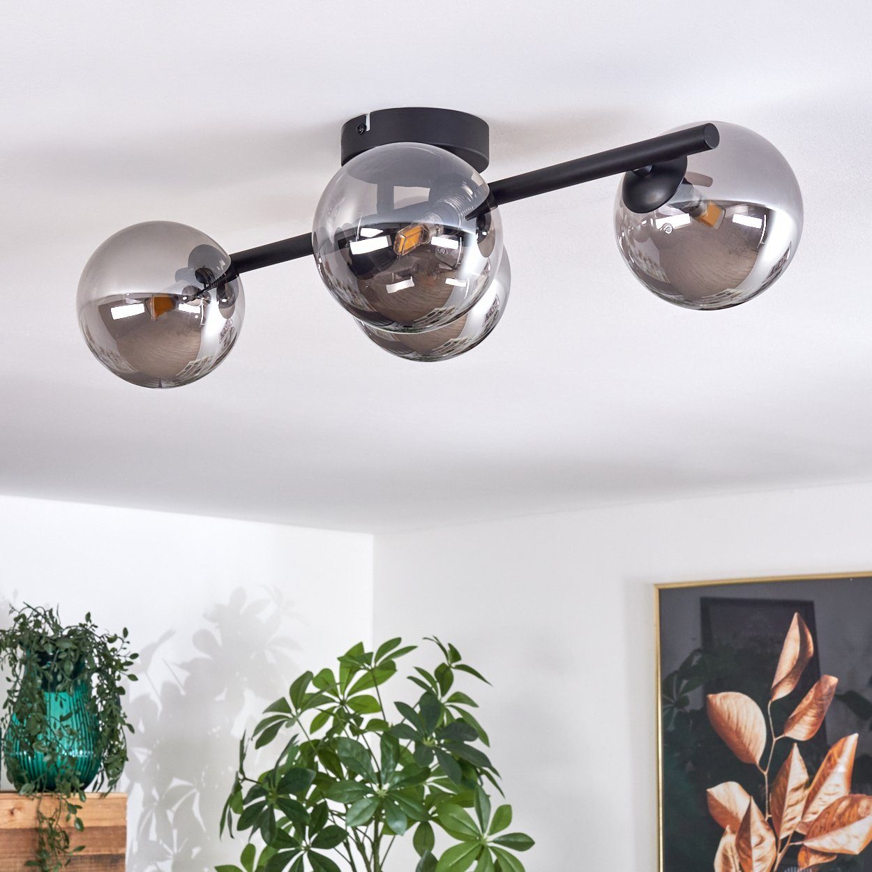 hofstein Deckenleuchte Deckenlampe aus Metall/Glas in Schwarz/Rauchfarben, ohne Leuchtmittel, Leuchte im Retro-Design aus Glas, 4 x G9 LED, ohne Leuchtmittel