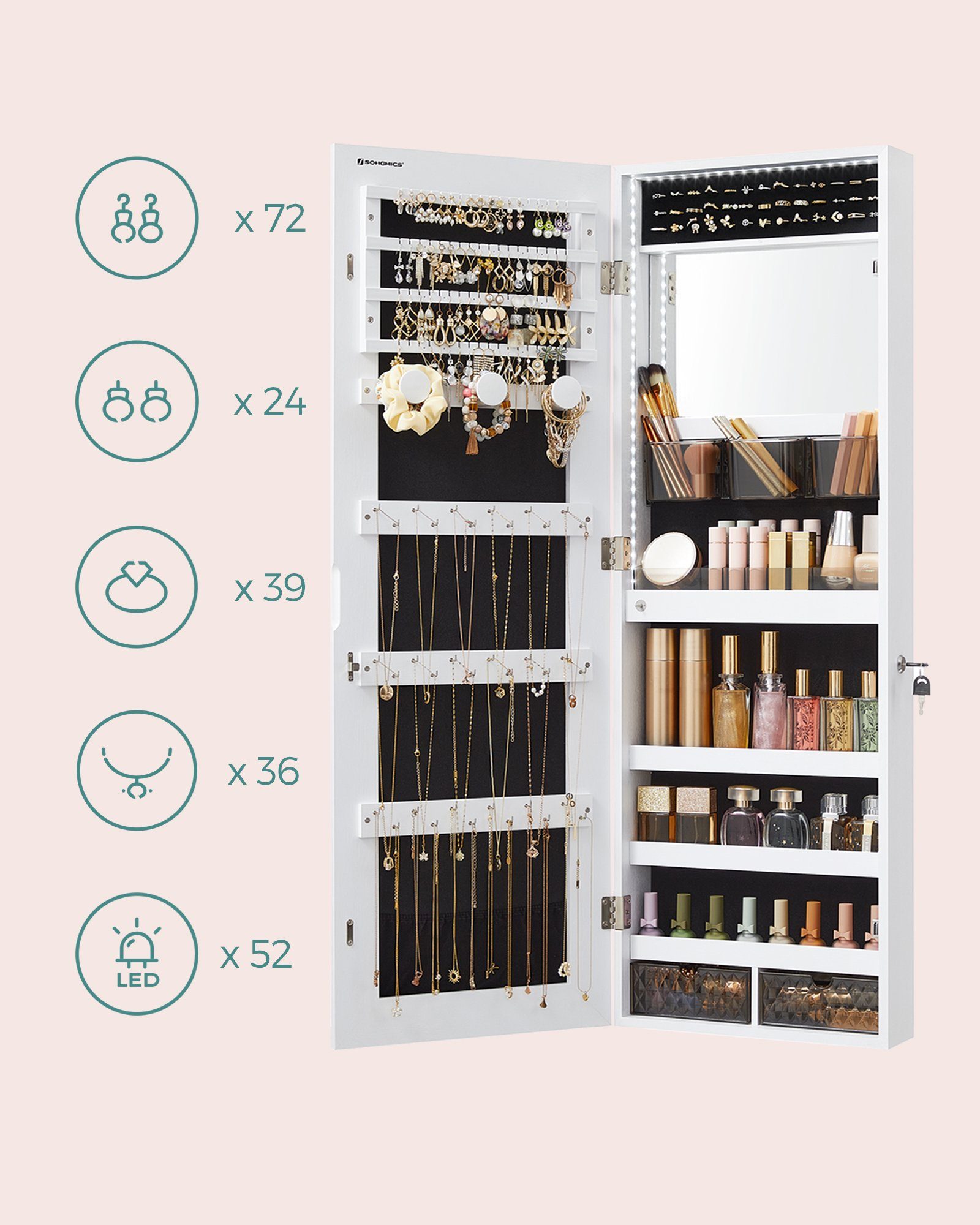SONGMICS Schmuckschrank Spiegelschrank, Wandmontage, Organizer mit LED-Lichtern, abschließbar mit rahmenlosem Spiegel, integrierter Schminkspiegel, 2 Schubladen