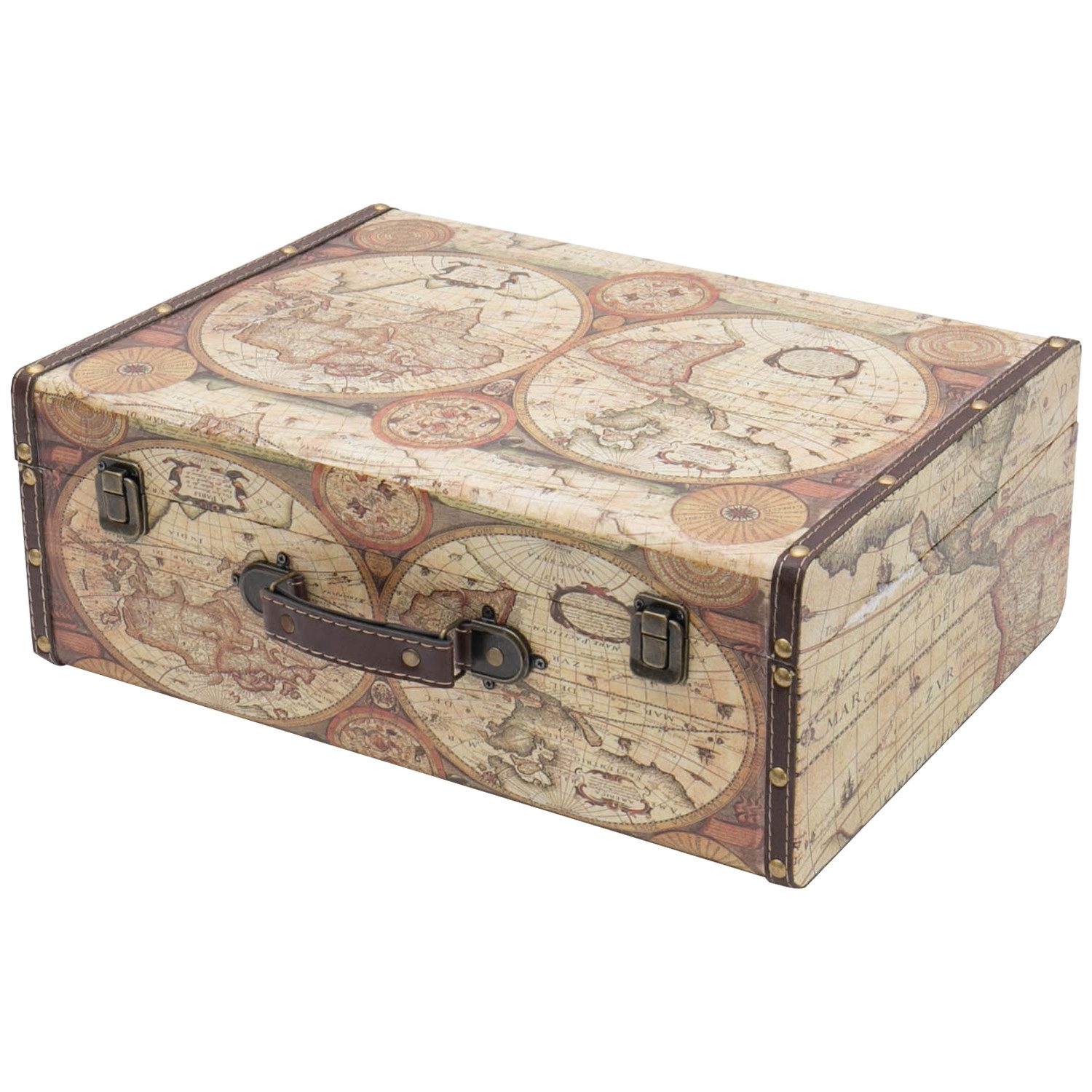 HMF Aufbewahrungsbox Vintage Koffer Holz, Aufbewahrungsbox mit Deckel und Ledergriff als, Geschenkidee für Hochzeit oder Geburtstag, Weltkarte, 44 x 32 x 16 cm