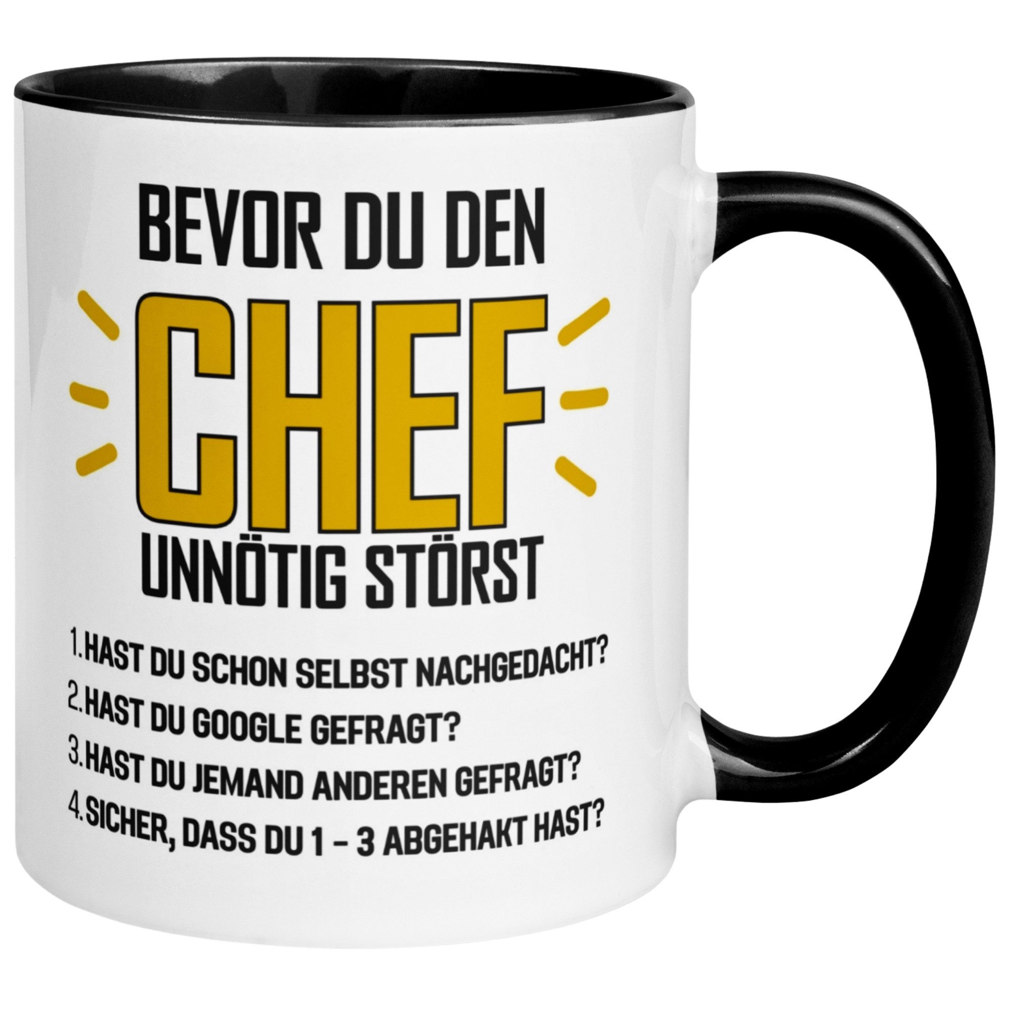 Momentals Tasse Bester Chef – „Bevor du den Chef unnötig störst“ – Geschenk Becher, 2-seitig bedruckt · Links-&Rechtshänder · Spülmaschinenfest