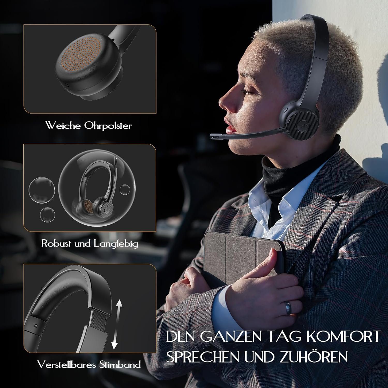 Wireless Cancelling, mit (Wireless AI mikrofon headset pc Headset mit für laptop) Bluetooth-Headset, skype kopfhörer Noise kabellos EKSA Mikrofon Gaming-Headset