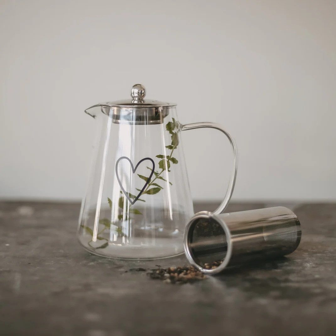 Eulenschnitt Teekanne Teekanne mit Sieb aus Glas - Schwarzes Herz, 1,2 l, Spülmaschinengeeignet