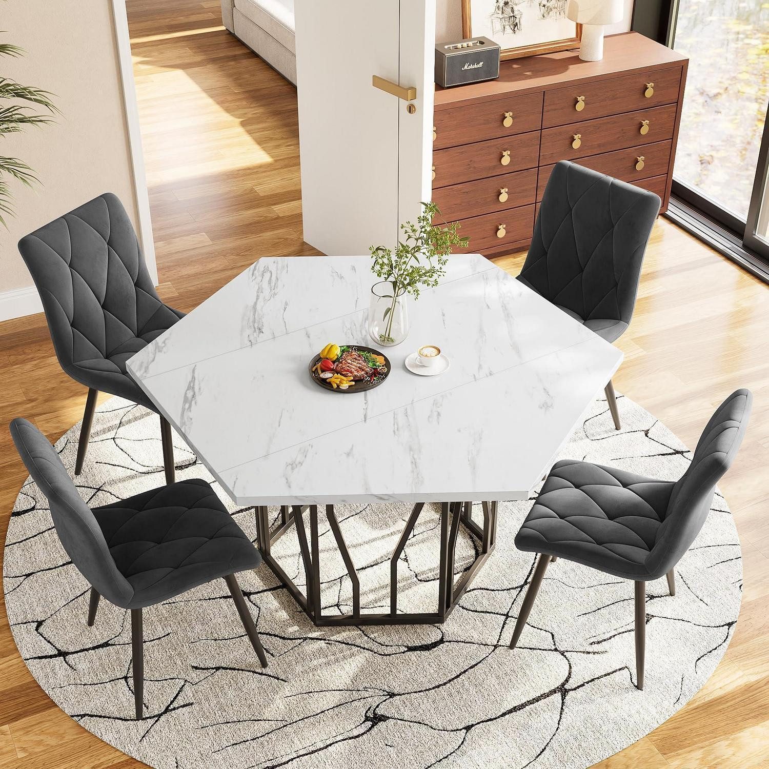 LuxusKollektion Esstisch Esstisch sechseckig Marmoroptik schwarzes Metallgestell (1-St)