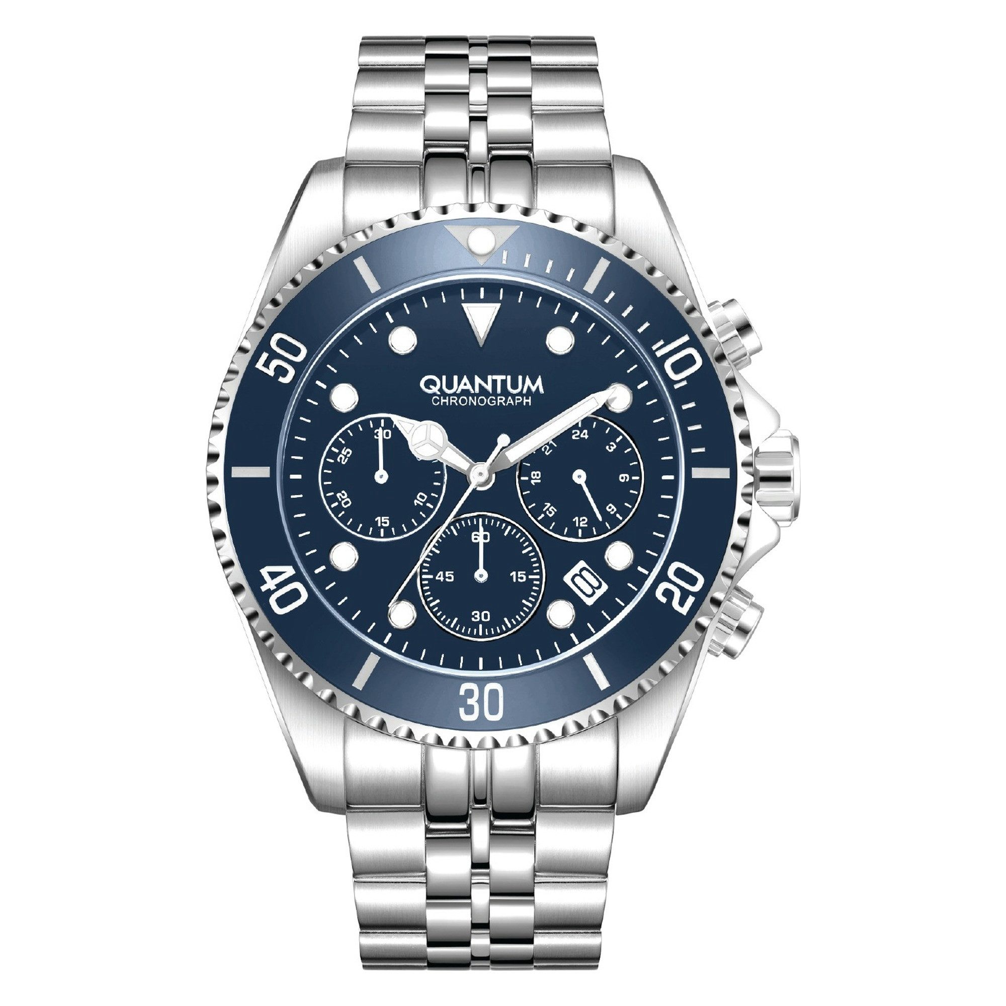 QUANTUM Chronograph Herrenuhr Edelstahl, 44 mm, Herren Armbanduhr, 10 ATM wasserdicht dunkelblaues Zifferblatt, silber – PWG930.390, (1-tlg), Datum, Mineralglas, inkl. Geschenkbox