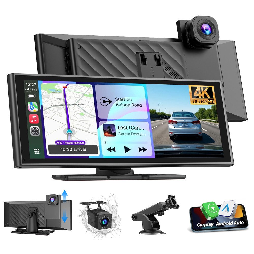 ESSGOO 10,26 Zoll 4K+1080P Apple Carplay Android Auto BT Dashcam Autoradio Dashcam (HD, Tragbar Autoradio Rückfahrkamera IPS Touchscreen GPS Navi FM AUX)