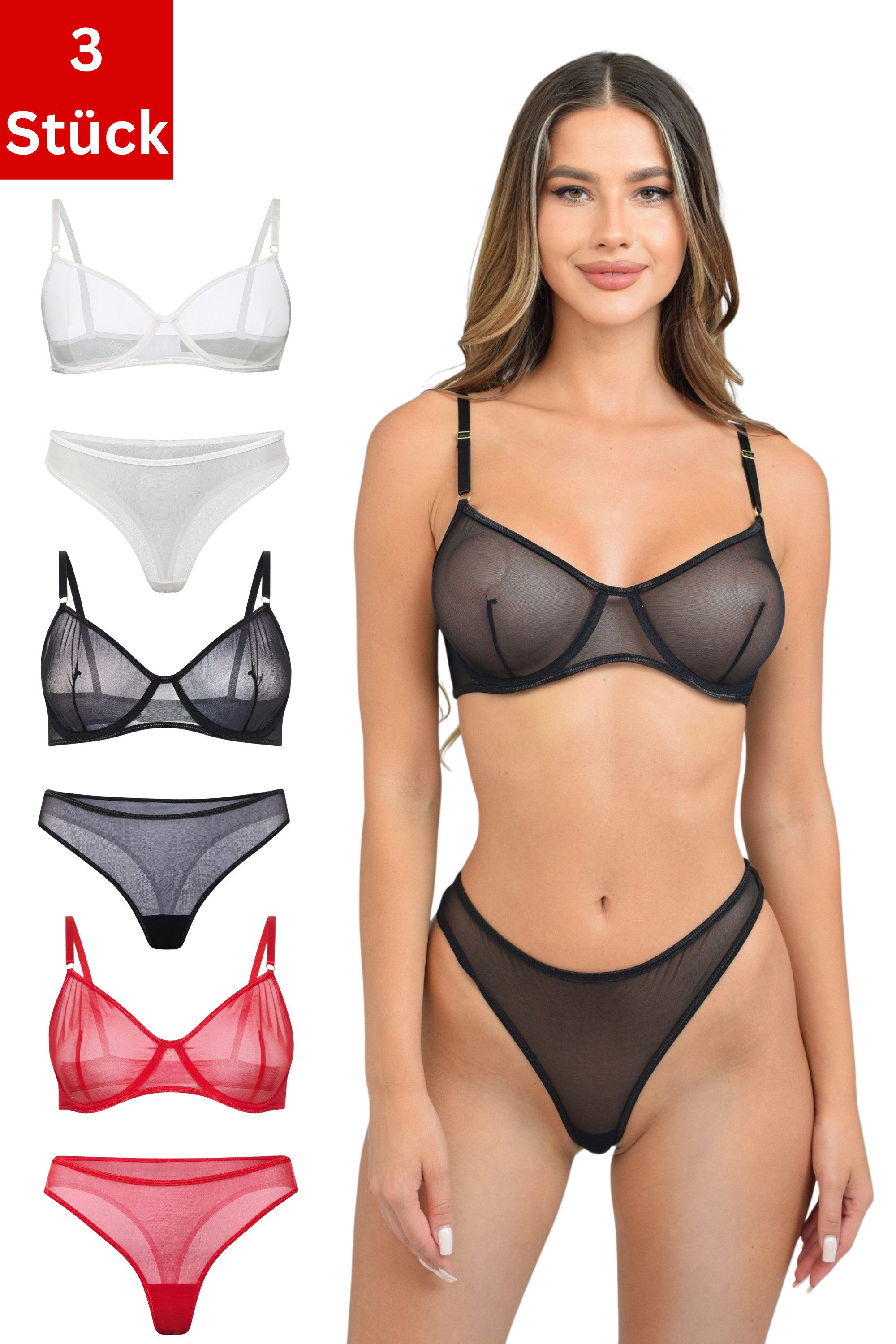 Elegant Love Set: Bügel-BH Damen Dessous-Set mit transparentem BH und String (Packung, 2-tlg., 3er-Pack) Mesh-BH mit Slip – bequemes Lingerie-Set für den Alltag