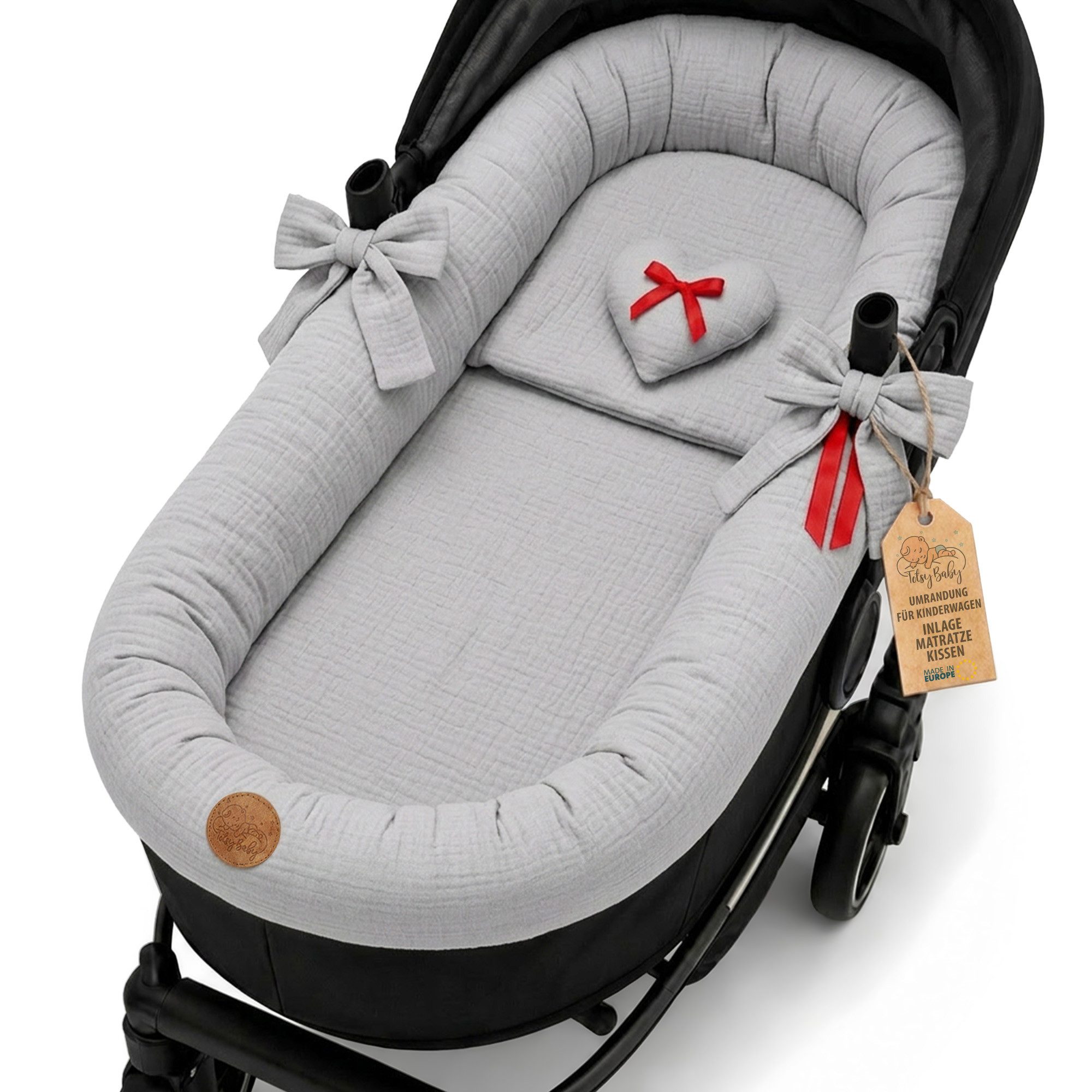 Totsy Baby Kinderwagen-Bezug Stubenwagen Umrandung Musselin Nestchen Set 3tlg Kissen Einlage Baby