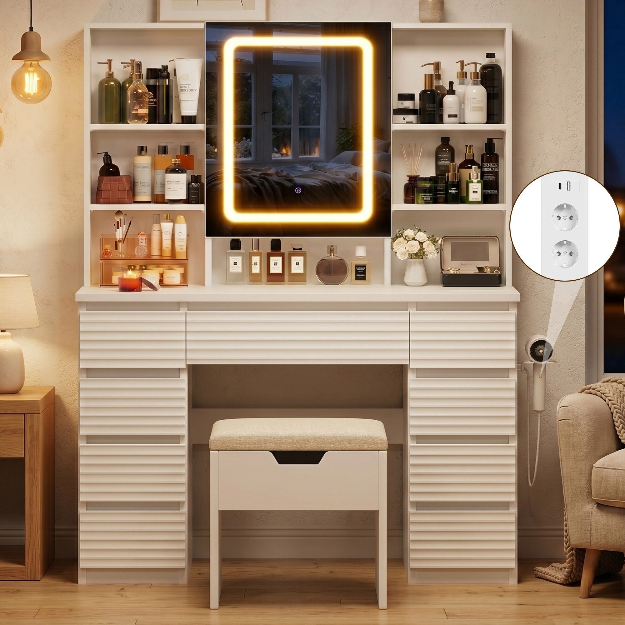 HOMALL Schminktisch LED-Schminkspiegel, schwarz-weißer Schminktisch und Hocker im Set (Kombination aus 9 Schubladen, 7 offenen Fächern und Stauraum hinter dem Spiegel, Maße: 108 x 40 x 146 cm, mit 2 Steckdosen, 1 USB-Anschluss und 1 Typ-C-Anschluss sowie einer Halterung für den Föhn, wahlweise in Weiß, Schwarz oder als Set mit Hocker erhältlich)