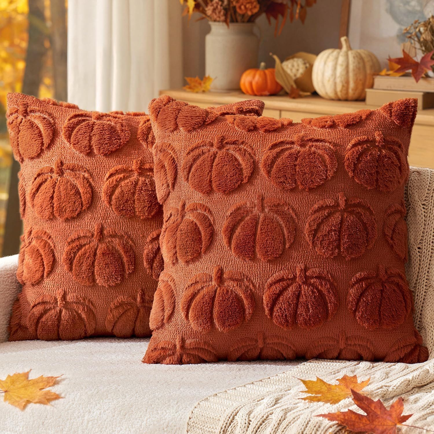 FOUORTUNATE-BEE Kissenbezug 2er Set Kissenbezüge Herbstliche Kürbismotiv Dekokissenbezüge, (2 Stück), Sofakissenhüllen für Halloween und Thanksgiving