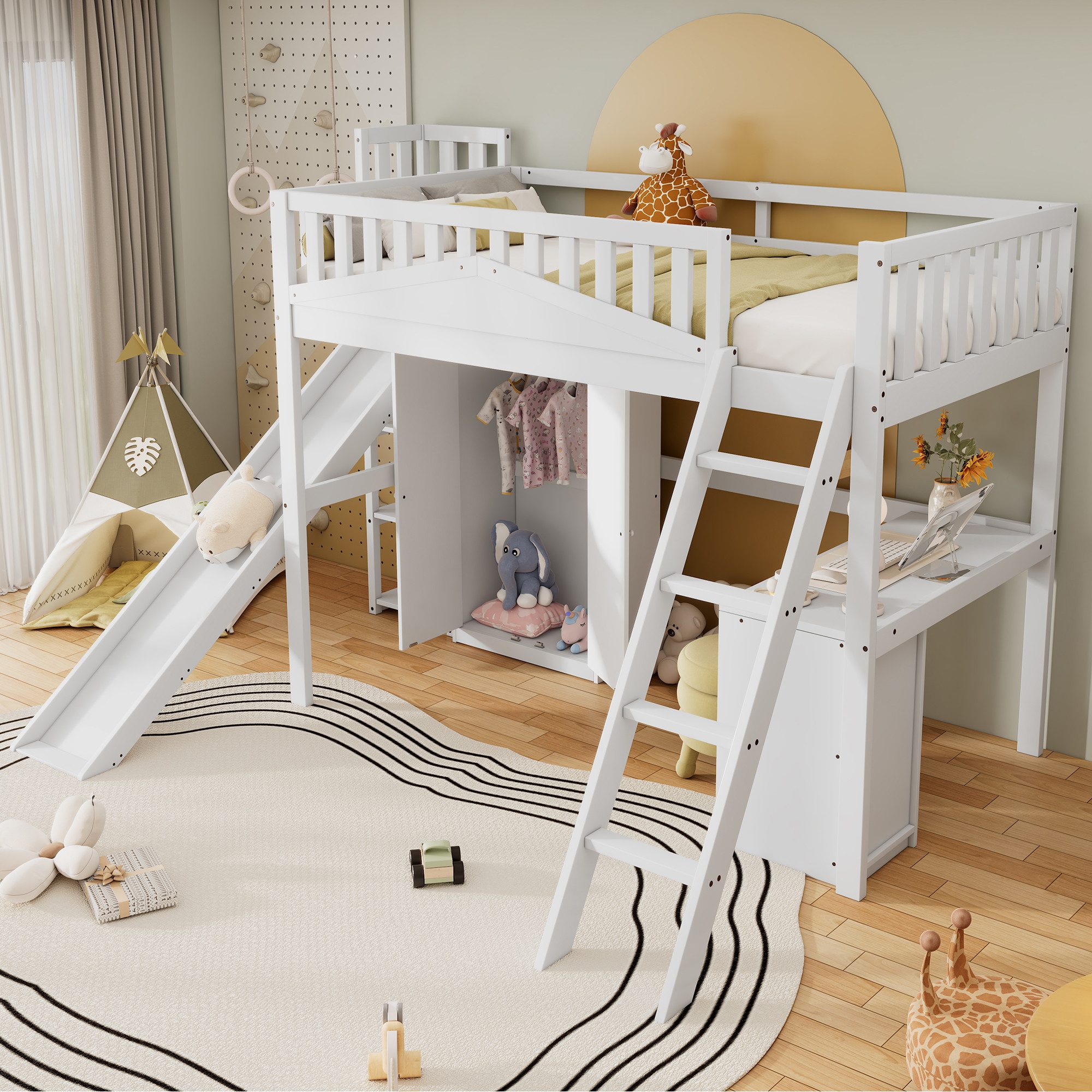 Merax Hochbett (Kieferholz Etagenbett Jugendbett Einzelbett mit Fallschutzgitter, 1-St) Kinderbett 90x200cm mit Schreibtisch Rutsche Kleiderschrank & Regalen