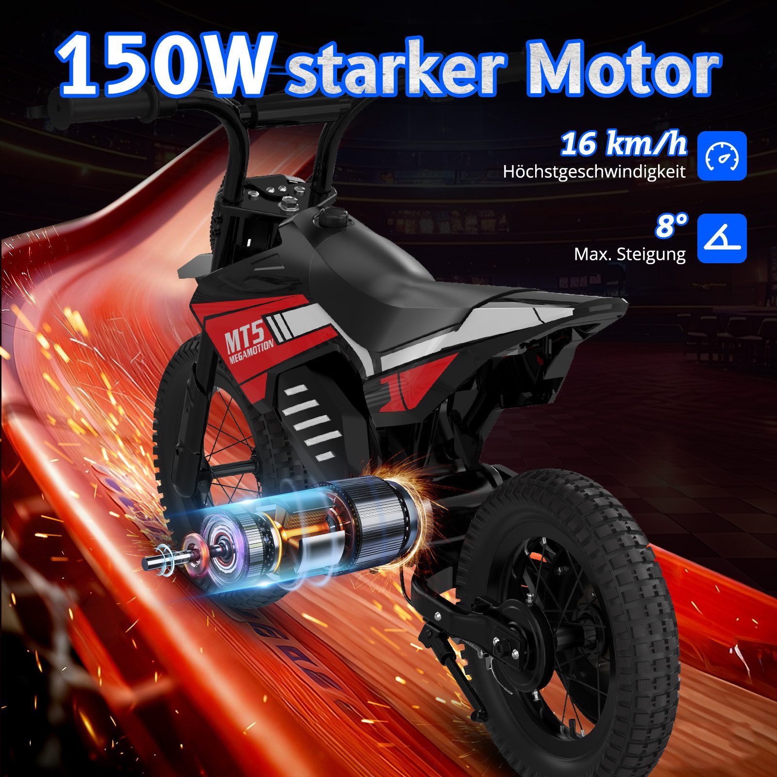 Mega Motion Elektro-Kindermotorrad MT5, 150W, 5,2AH, 8/16 km/h, 12 Zoll Luftreifen, Reichweite 10 km, Belastbarkeit 40 kg, Schnellladung 2–3 h, Elektromotorrad für ab 6 Jahren