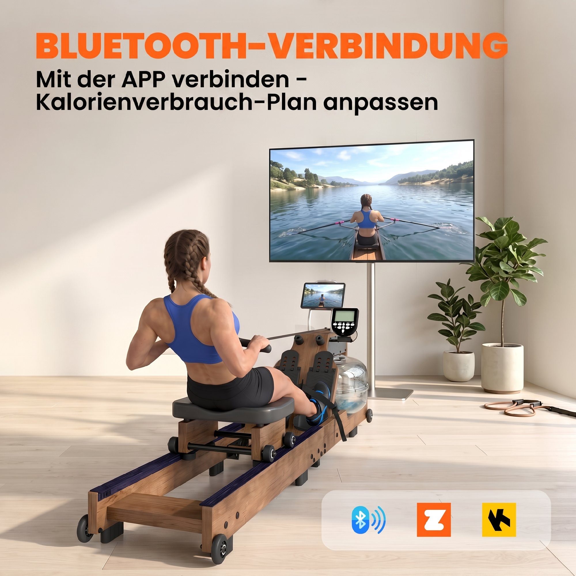 kowdom Rudergerät Wasser Rudergerät klappbar, Bluetooth APP, 158 kg, Gummiholz (Rudergerät, Einzelgerät mit Batterien und Montagematerial), Wasser Rudergerät, Bluetooth APP, 158 kg Belastbarkeit, klappbar