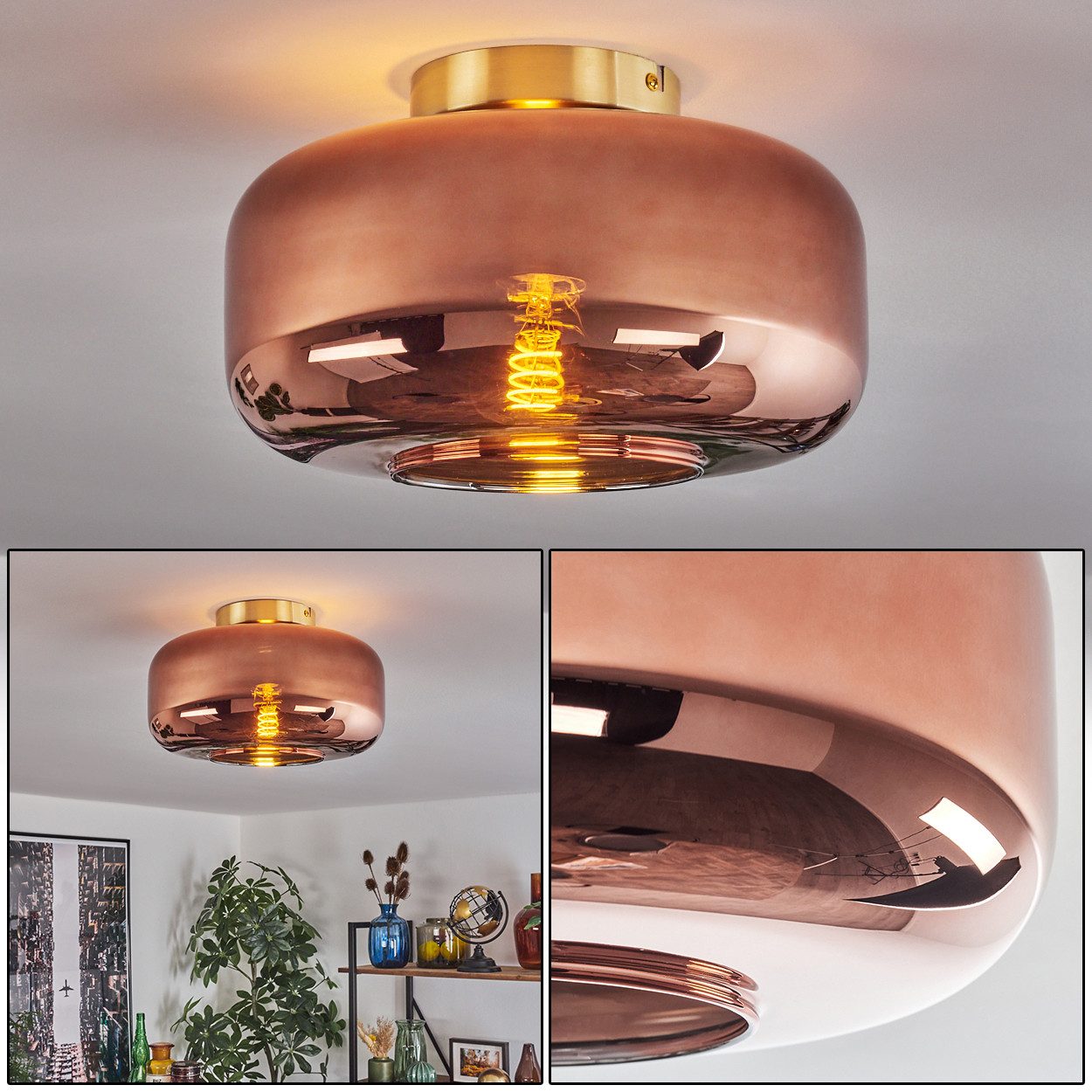 hofstein Deckenleuchte runde Deckenlampe aus Metall/Glas in Messingfarben/Kupferfarben, ohne Leuchtmittel, Retro/Vintage, mit Schirm aus Glas (28 cm), 1x E27, ohne Leuchtmittel