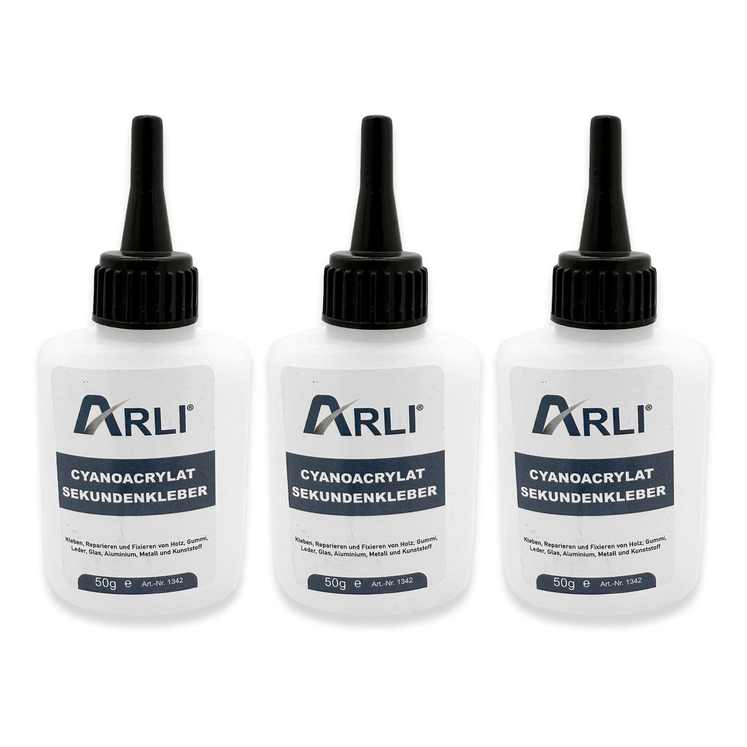 ARLI Klebstoff 3x Cyanoacrylat Sekundenkleber 50g, (Set, 3-tlg), Universal Cyanacrylat Kleber (150g)