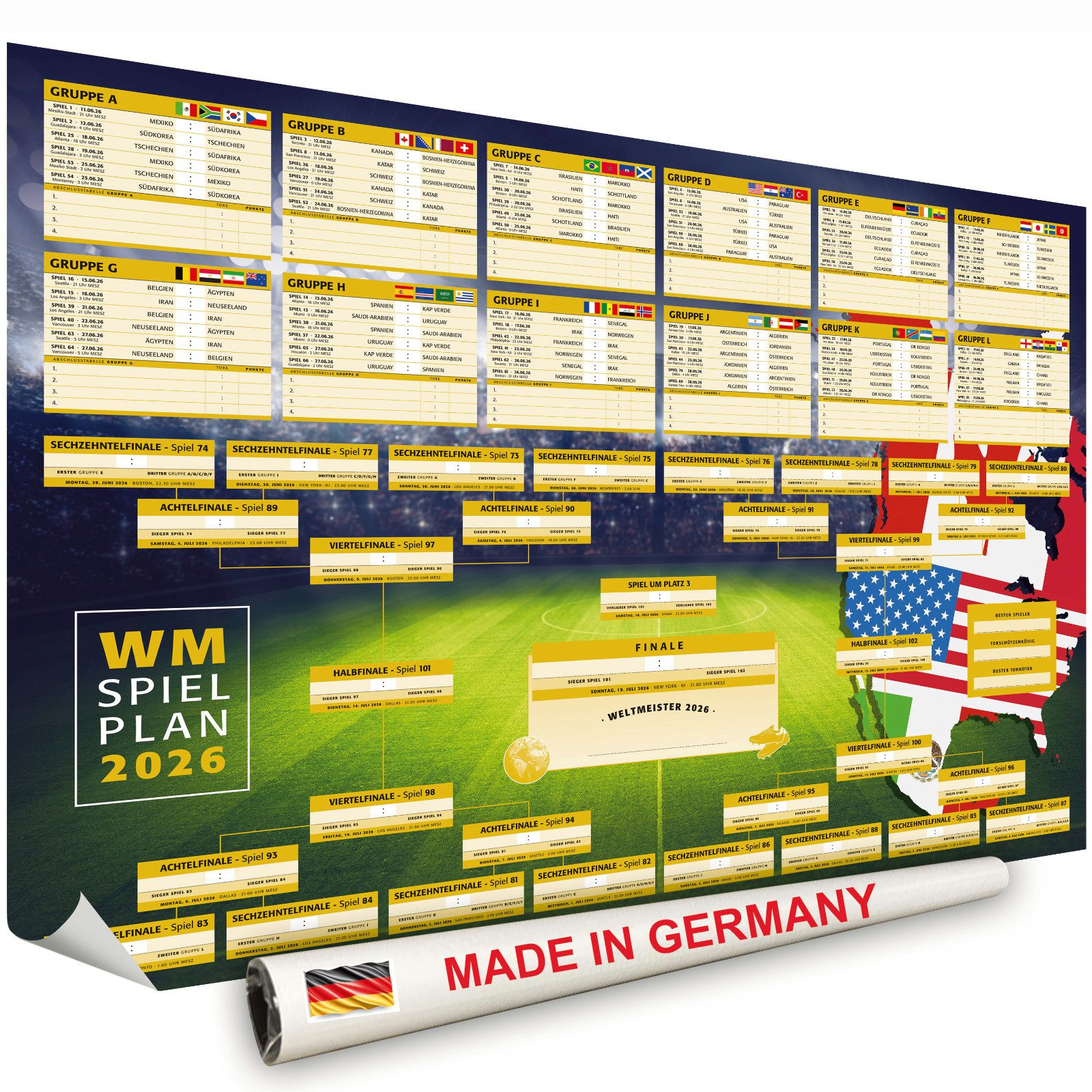 Cartvelli Poster A0 Spielplan gerollt Fussball WM 2026 XXL Poster 118,9cm x 84,1cm
