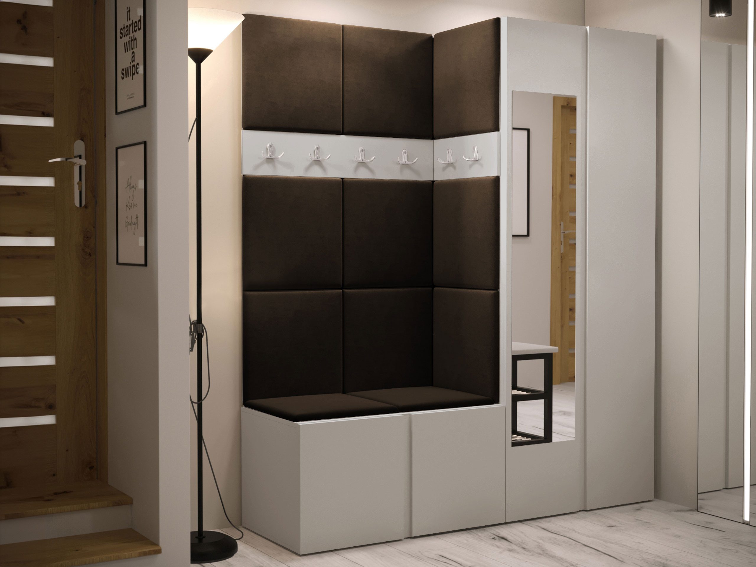 MIRJAN24 Garderoben-Set Orion XII, (Komplett-Set, Schrank, Schrank mit Spiegel, 2x Kleiderhaken, Paneel 11x 42x42), Auswahl aus Fronten und Polsterplatten