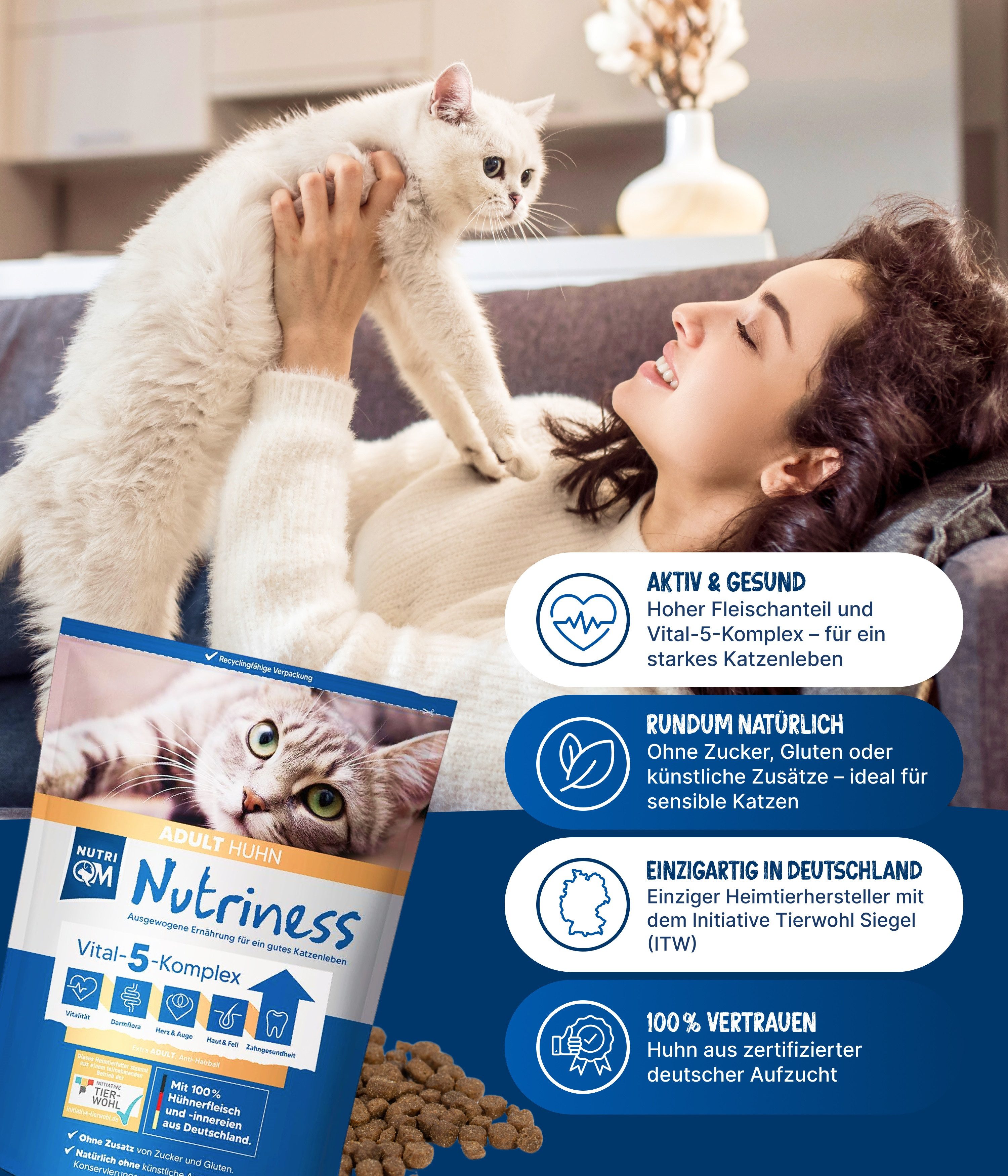 NutriQM Katzentrockenfutter Nutriness Adult Huhn, Trockenfutter für: Katzen