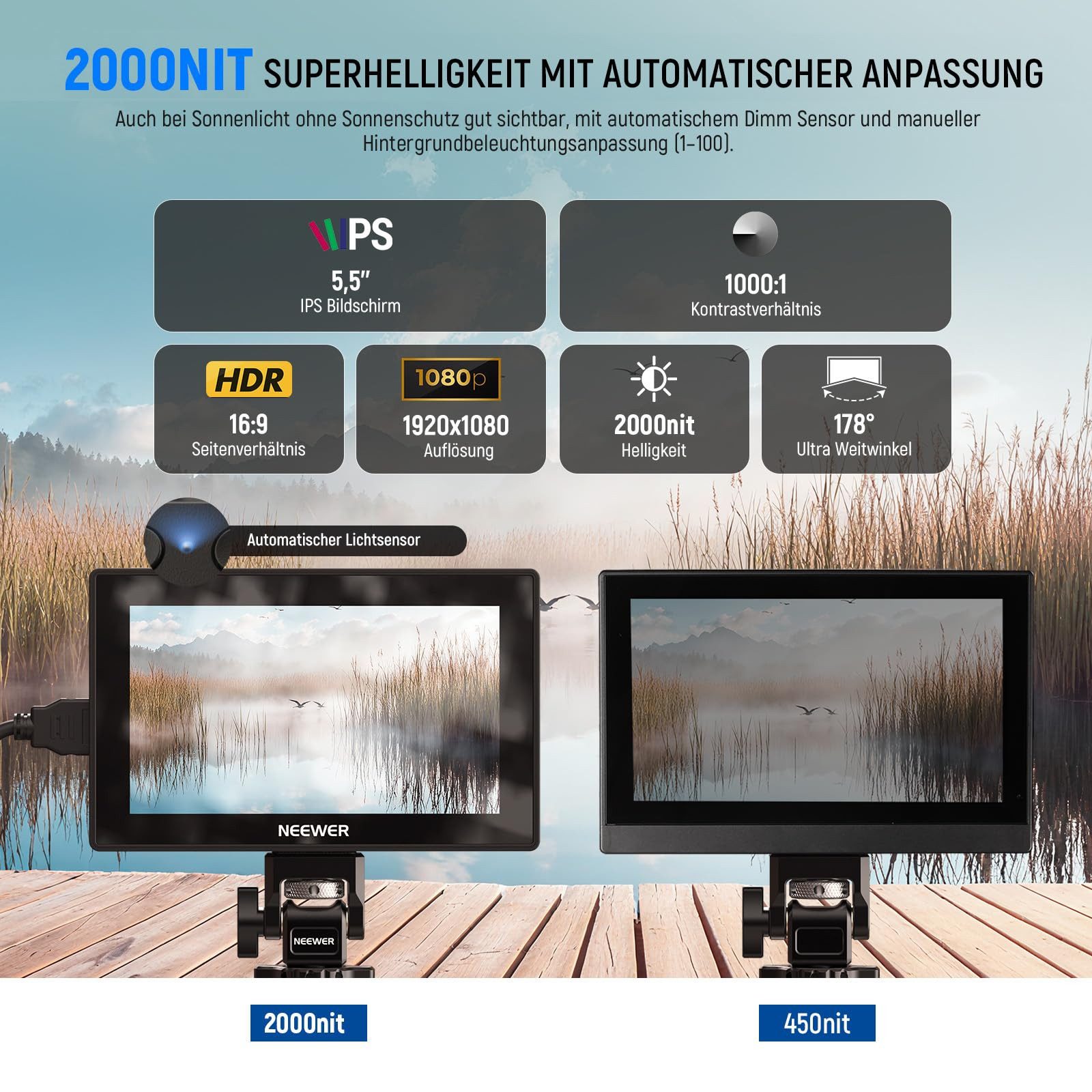 Neewer Kamerazubehör-Set F500 PRO 5,5" Kamera Field Monitor, 4K HDMI Loop In/Out, mit 3D LUT, 2000nit 1920 x 1080 IPS Touchscreen, 5200mAh F750 Akku, HDR Wellenform