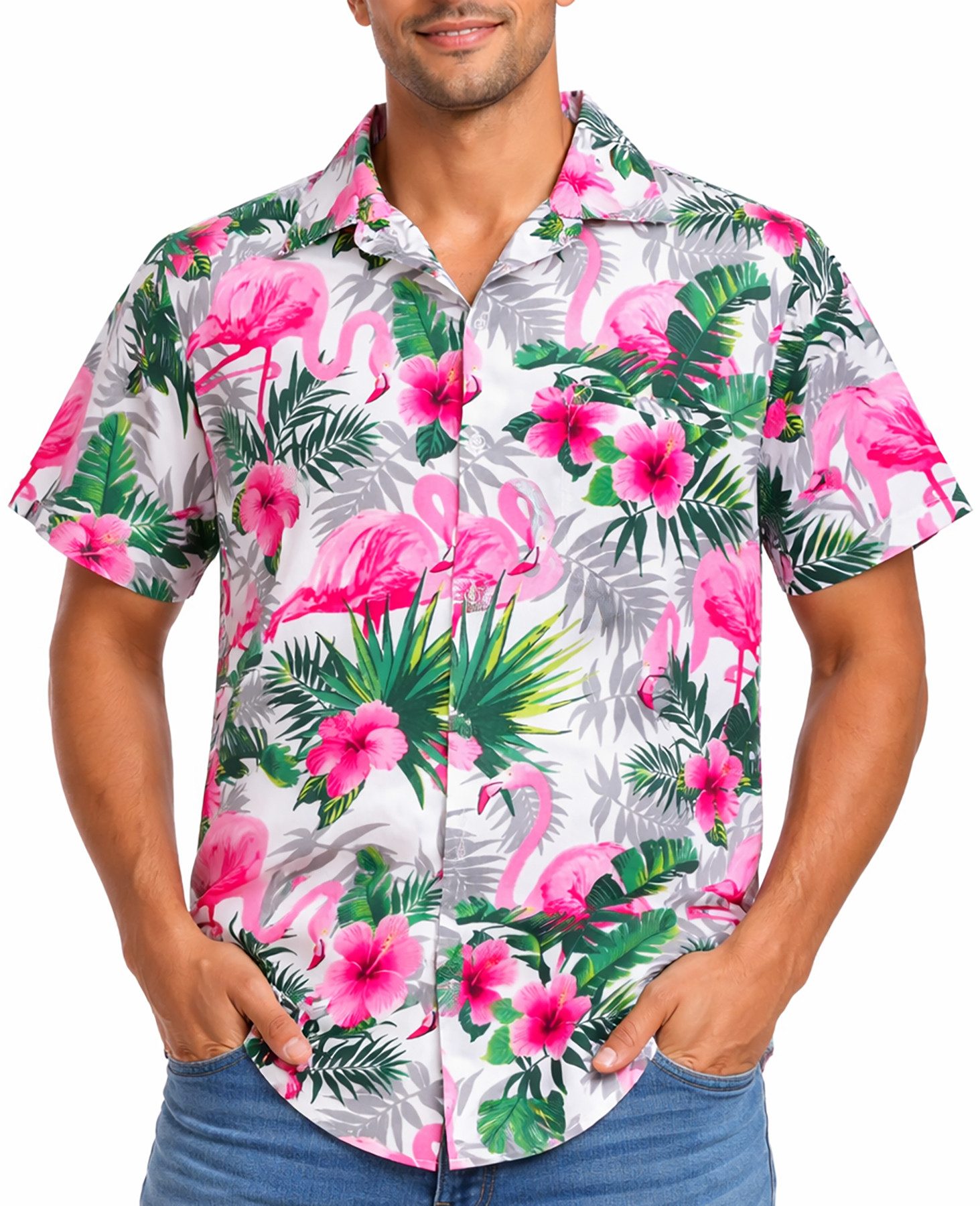 King Kameha Hawaiihemd "Flamingo Flowers" Funky Hawaii-Hemd Herren Kurzarm Front-Tasche