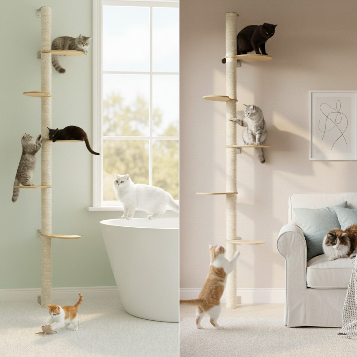 eyepower Kratzbaum zur Wandmontage 240 cm Wandkratzbaum für Katzen mit 5 Bambus Plateaus, Sistammstamm Wand - Katzenkratzbaum platzsparend - Kletterwand Katze