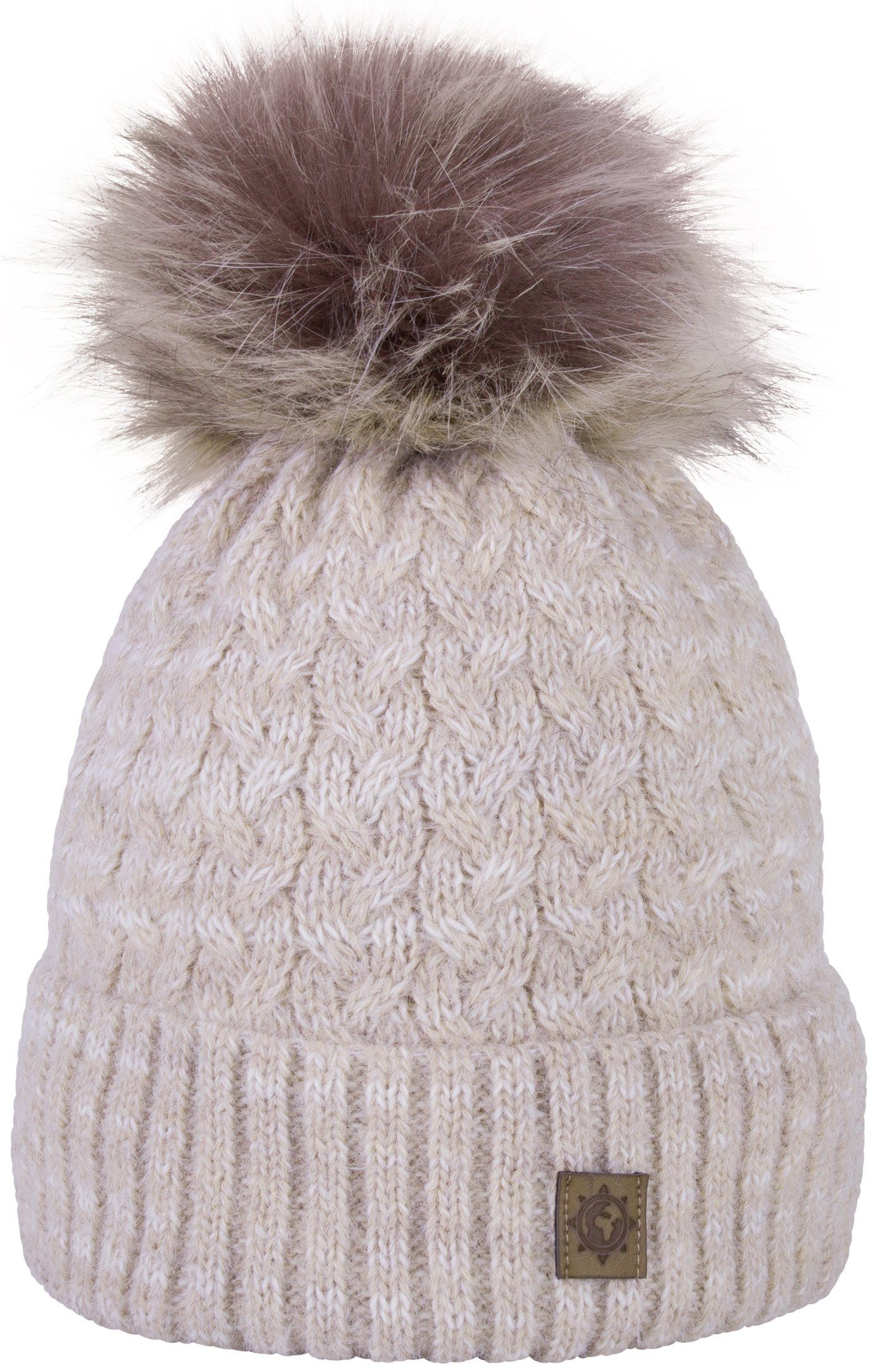 Mütze Wintermütze Fleecefutter Strickmütze Strick Winter beige Damen Bommelmütze (1-St) compagno Beanie