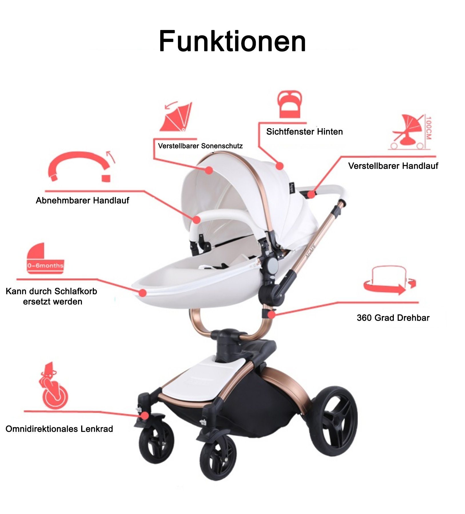 TPFFamily Kombi-Kinderwagen Babyschale Baby, Buggy Babywanne Kinderwagen 3 in 1 inkl. Stauraum Kunstleder Braun