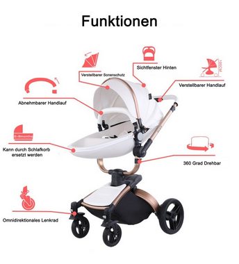 TPFLiving Kombi-Kinderwagen Babyschale Baby, Buggy Babywanne Kinderwagen 3 in 1 inkl. Stauraum Kunstleder Braun
