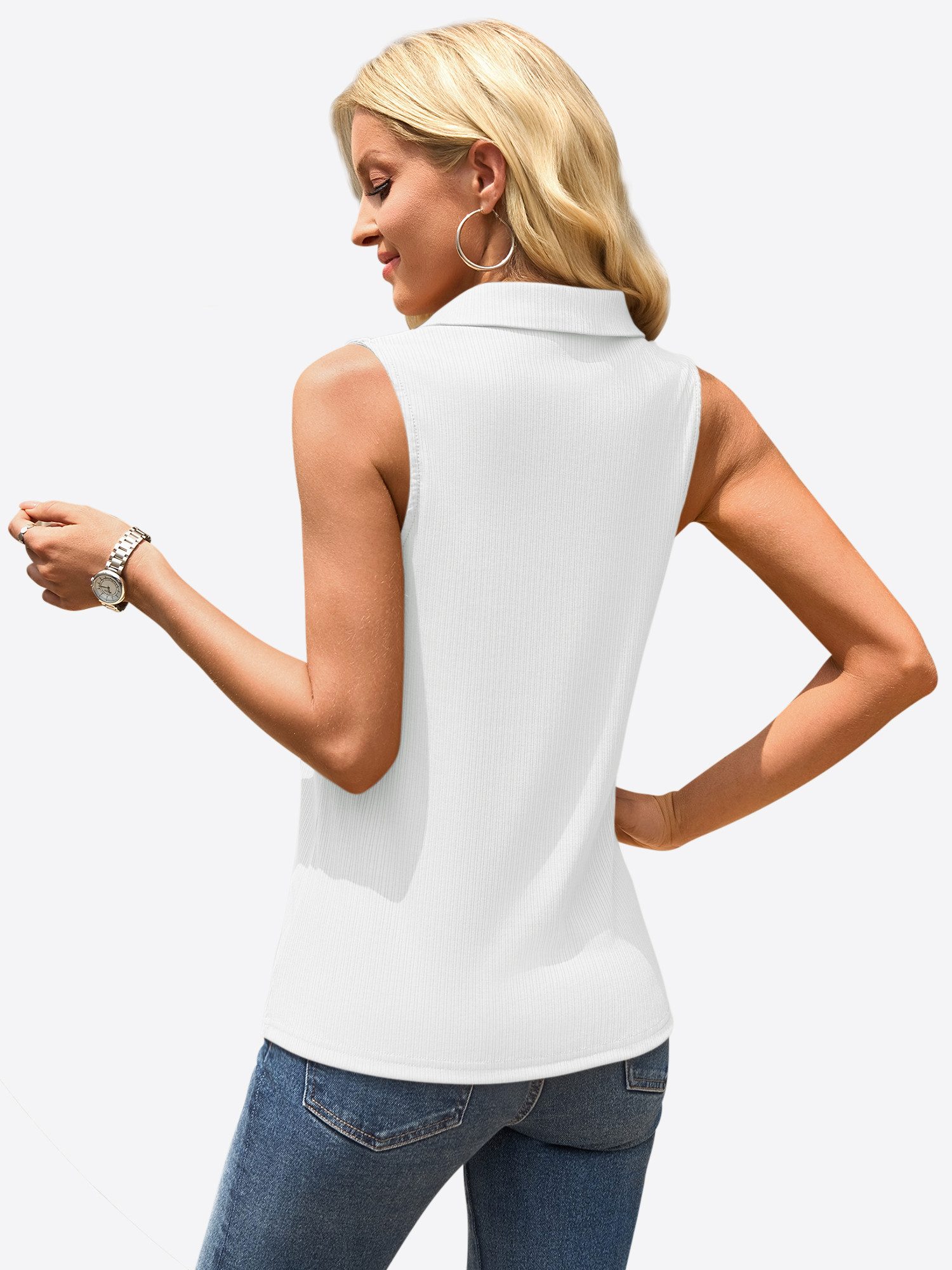 Imily Bela Tanktop Damen Sommer gerippt ärmellos V-Ausschnitt Polo-Kragen (Packung, 1-tlg., 1per-Pack) mit Reißverschluss in Unifarbe