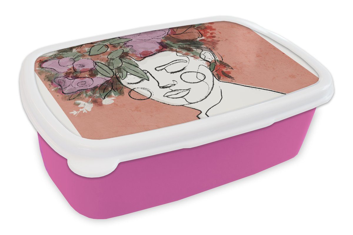 MuchoWow Lunchbox Porträt - Frau - Blumen - Pastell, Kunststoff, (2-tlg), Brotbox für Erwachsene, Brotdose Kinder, Snackbox, Mädchen, Kunststoff rosa