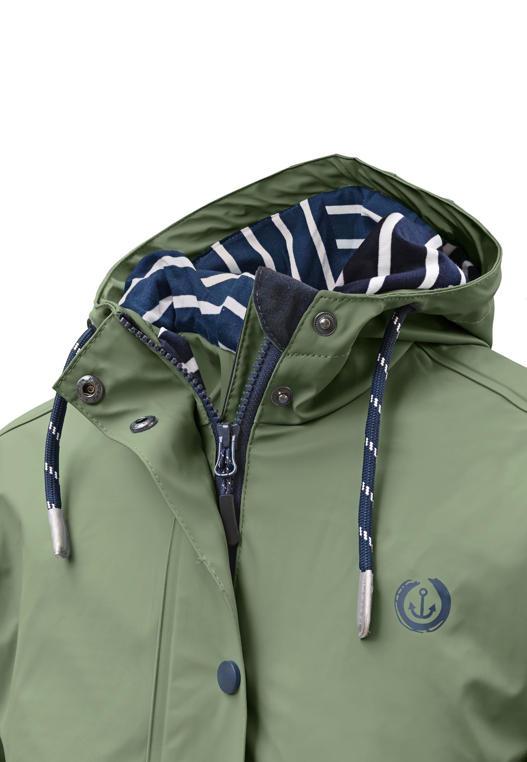 MADSea Regenjacke Friesennerz Oliv taillierter Regenmantel mit gestreiftem Innenfutter