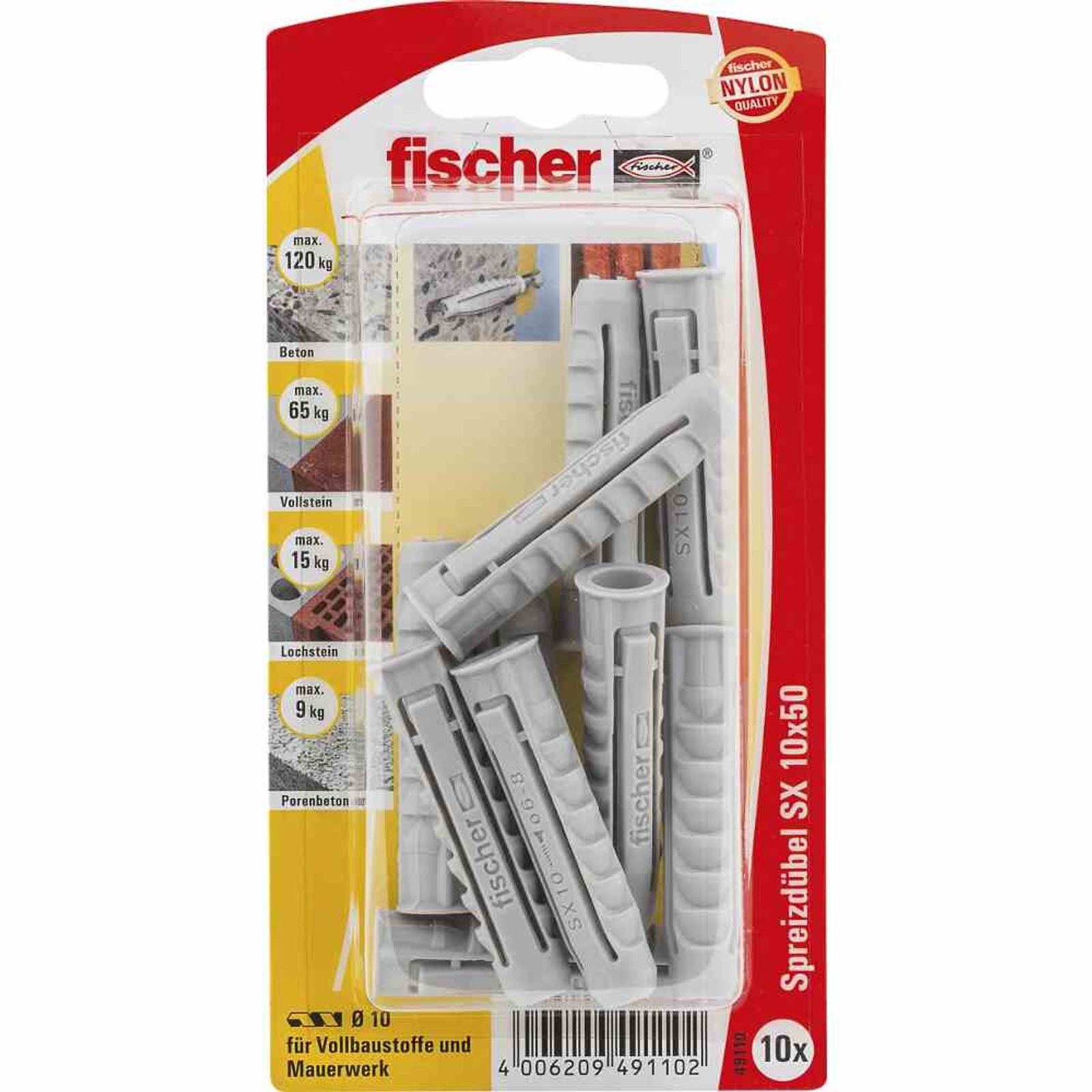 fischer Universaldübel SX 10 x 50 K Nylon Spreizdübel mit Rand, *** SB-Karte ***, 10 Stück, (10-tlg)
