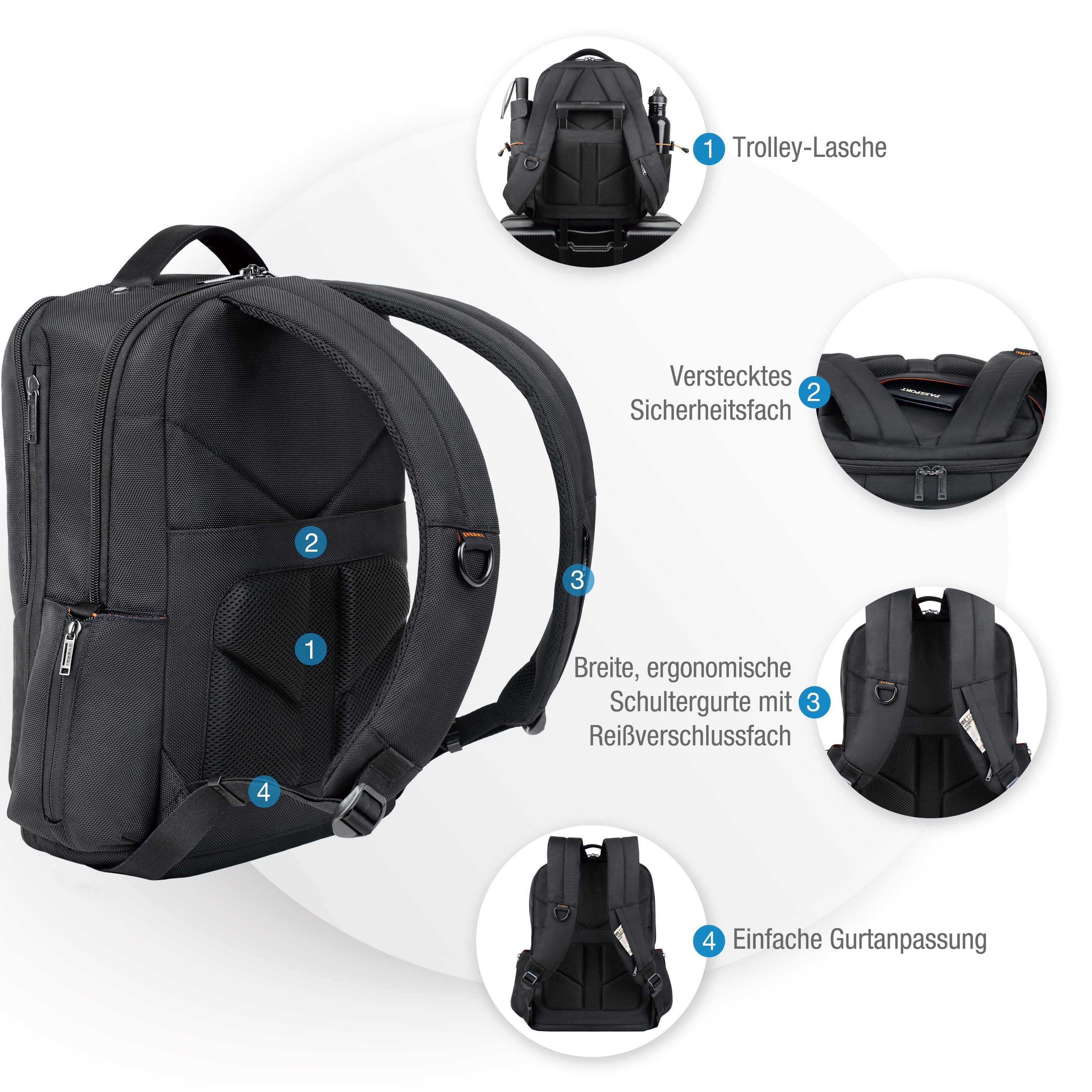 Everki Laptoprucksack Studio Notebook Rucksack (15 Zoll Laptopfach, Viele Fächer, Ecken-Schutz-System), Erweiterbare Kapazität auf 26l / Recycelte Materialien / Schwarz