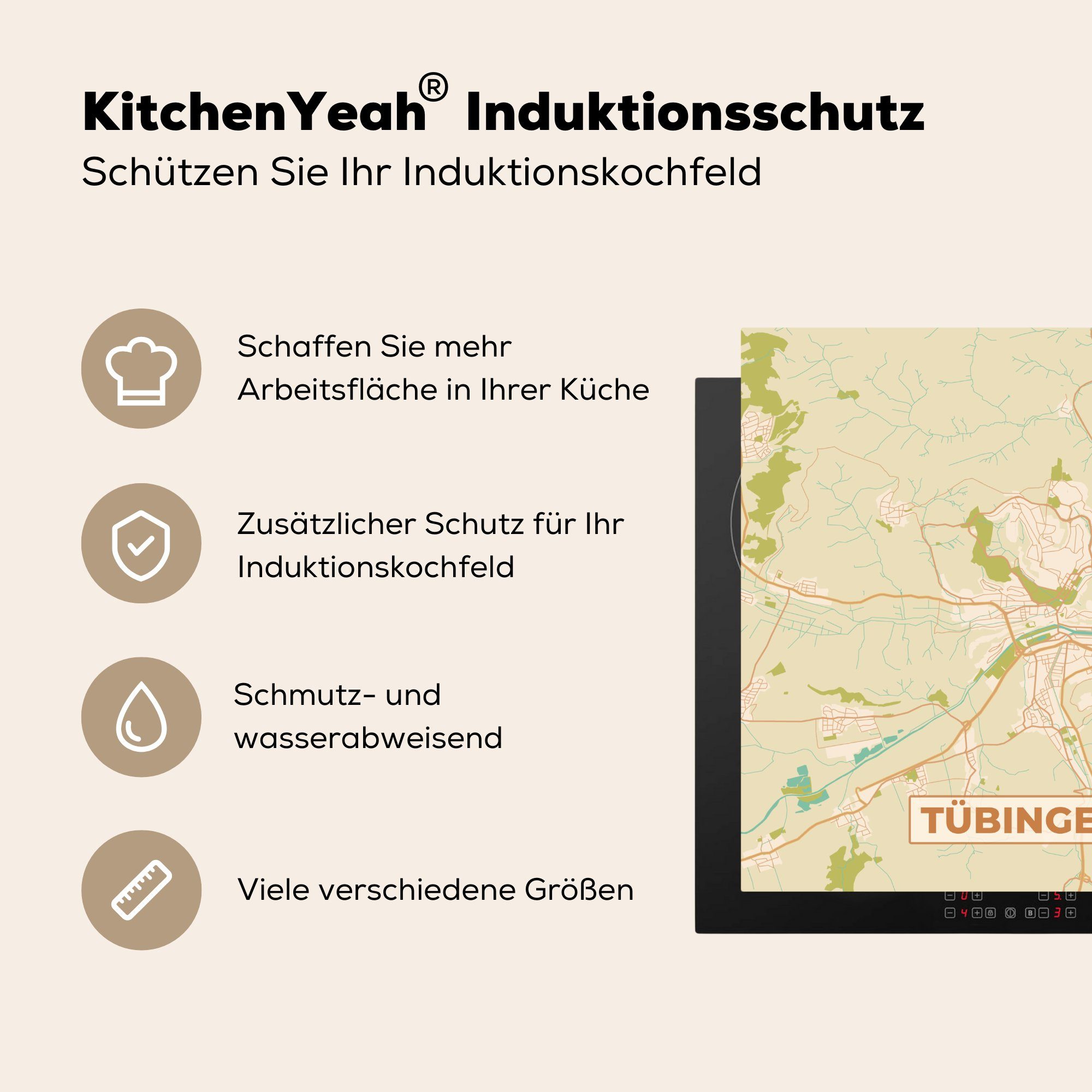 MuchoWow Herdblende-/Abdeckplatte Ceranfeldabdeckung, 78x78 - Stadtplan Karte, Arbeitsplatte tlg), küche (1 Tübingen Vinyl, - - Vintage für cm
