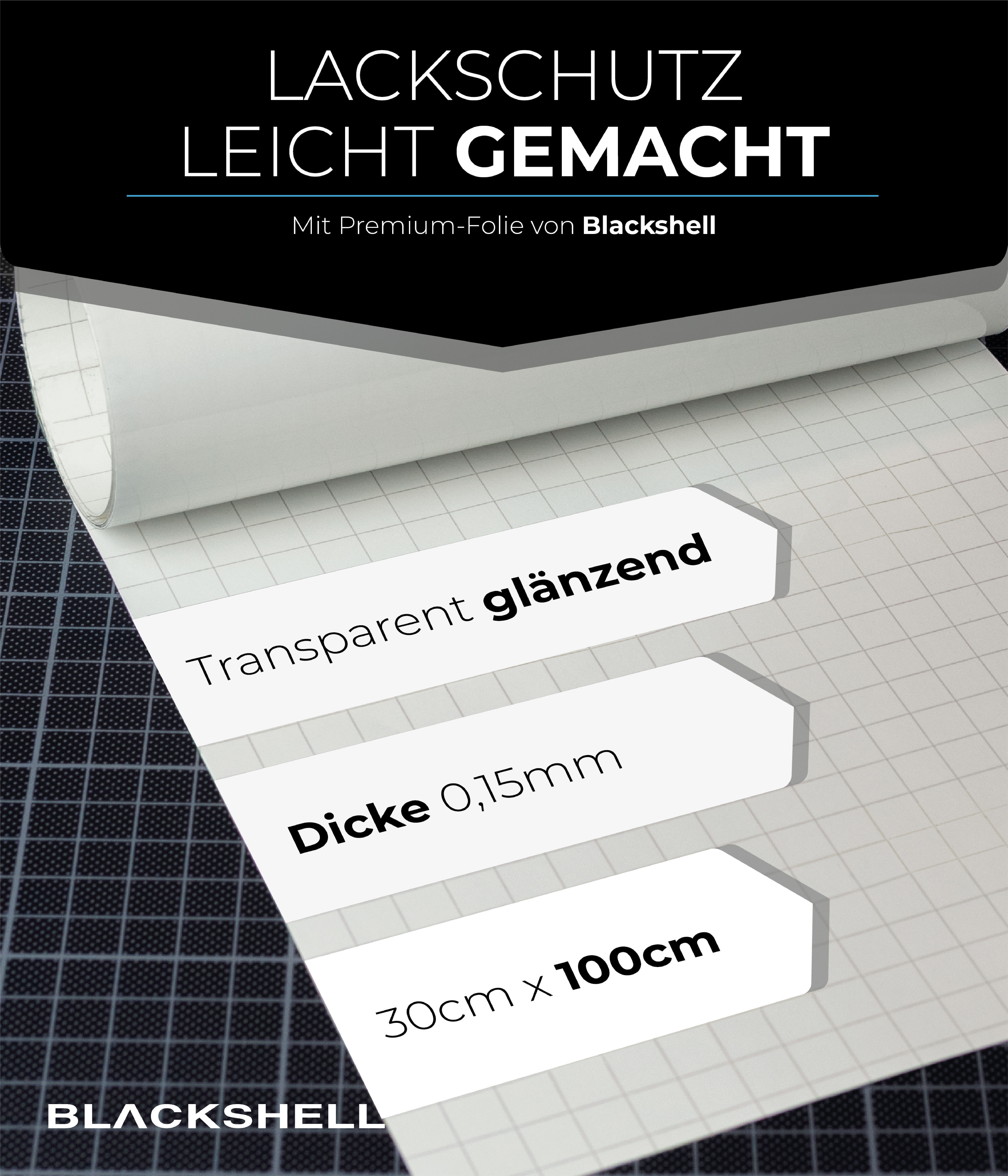 Blackshell Schutzfolie Transparente und Matt Schwarze Lackschutzfolien Zuschnitte, Lackschutzfolie für alle glatten Oberflächen, 150µm, Steinschlagschutz