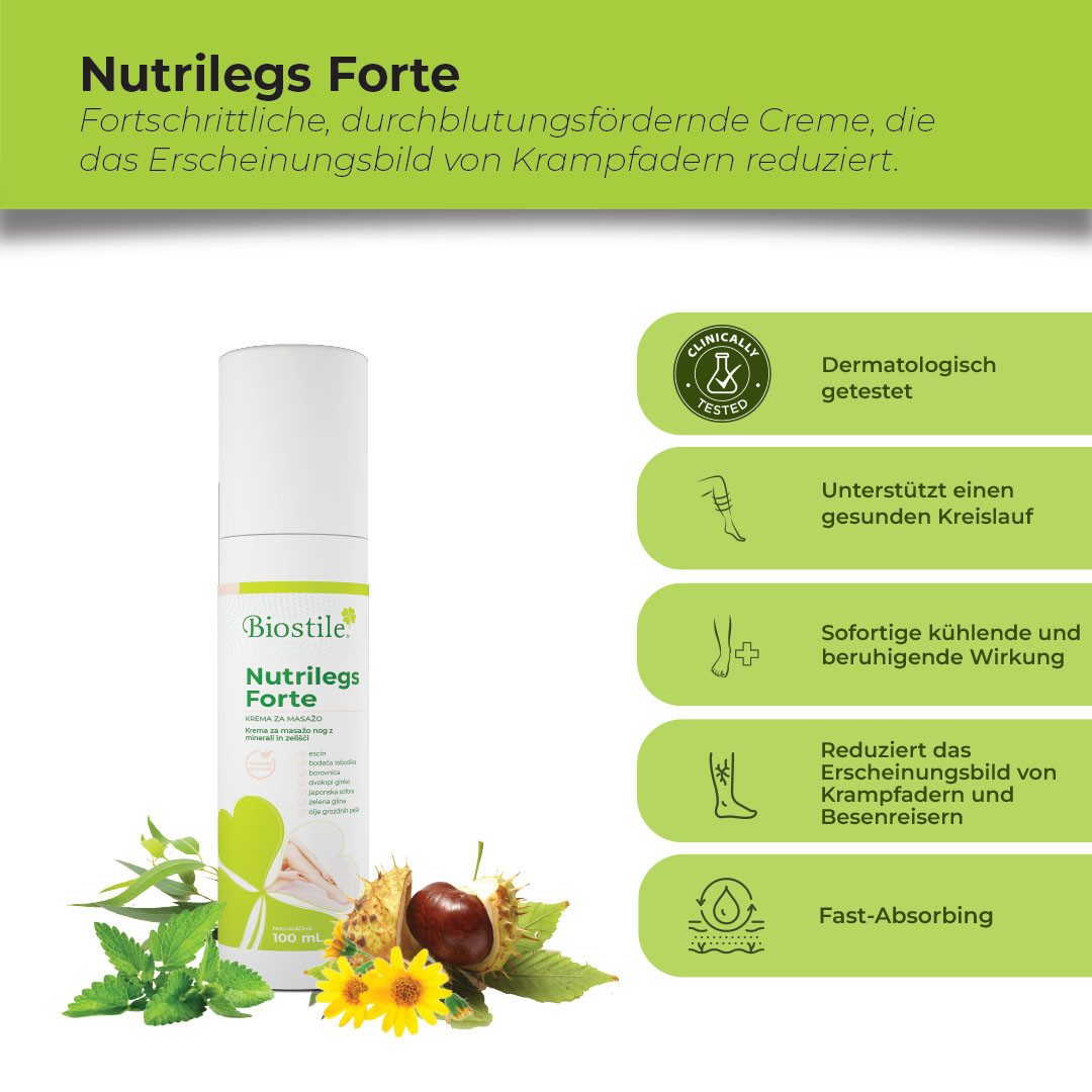 Biostile Beinpflege mit Traubenkernöl und Kräutern für schwere Beine, Creme, 100 g, Mit Menthol, Traubenkernöl und Panthenol, 100 ml