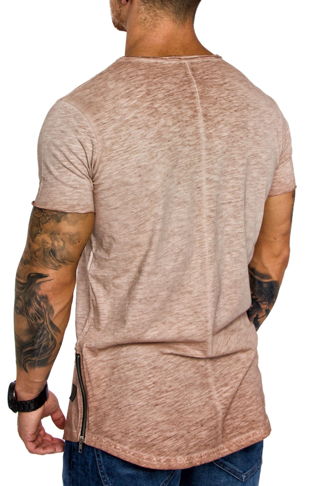 Amaci&Sons T-Shirt AUSTIN Herren Verwaschen Zipper Vintage Beige Basic Oversize Neck Crew Rundhals Shirt