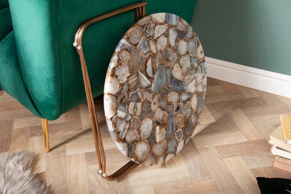 riess-ambiente Couchtisch NOBLE Ø65cm bunt / gold - Edelstein, Achat, handmade, rund, klappbar (Einzelartikel, 1-St), individueller Beistelltisch - ideal für glamouröse Wohnbereiche