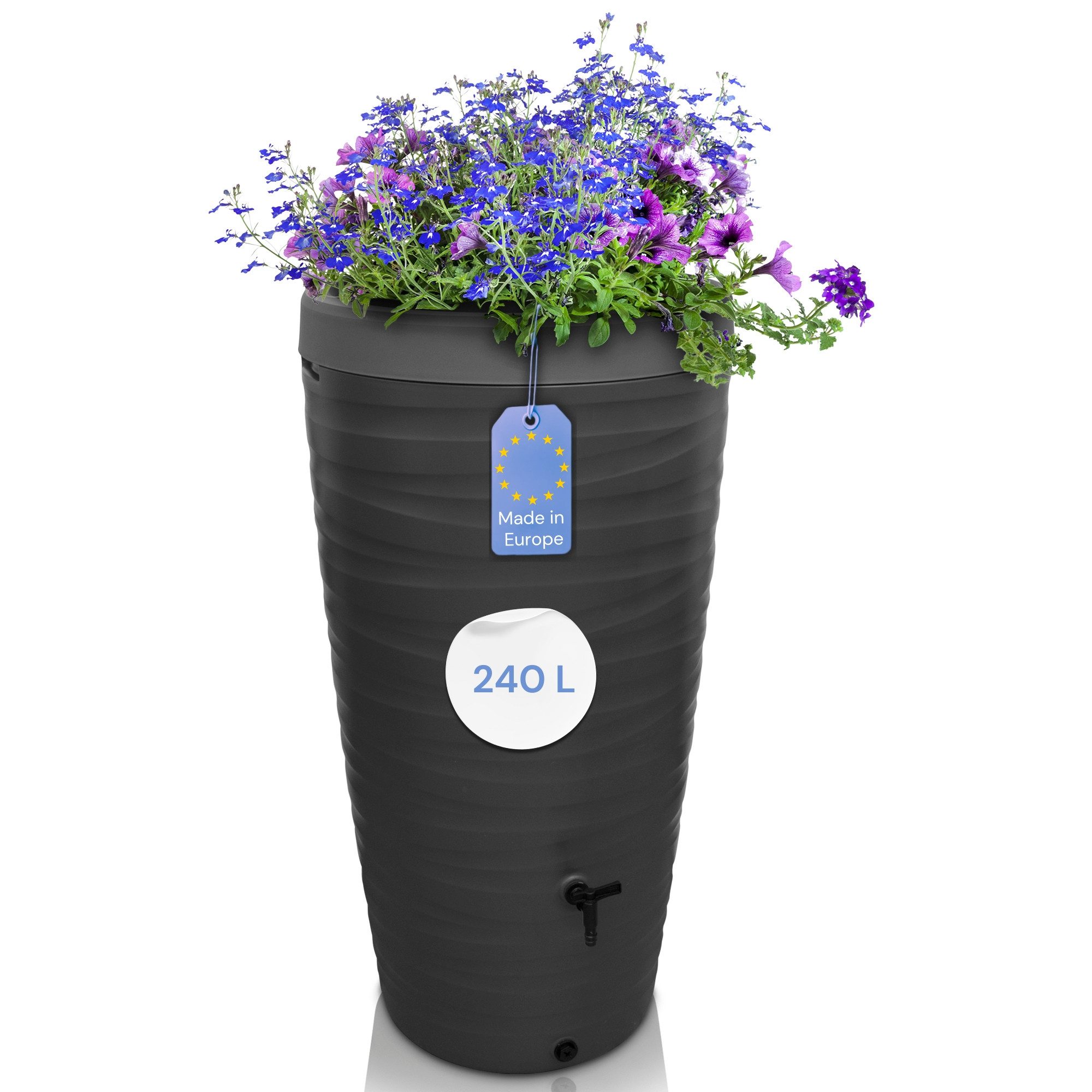 YourCasa Regentonne 240 Liter [Wave Design] Regenfass aus Kunststoff mit Wasserhahn, Bepflanzbar,240L,mit Wasserhahn