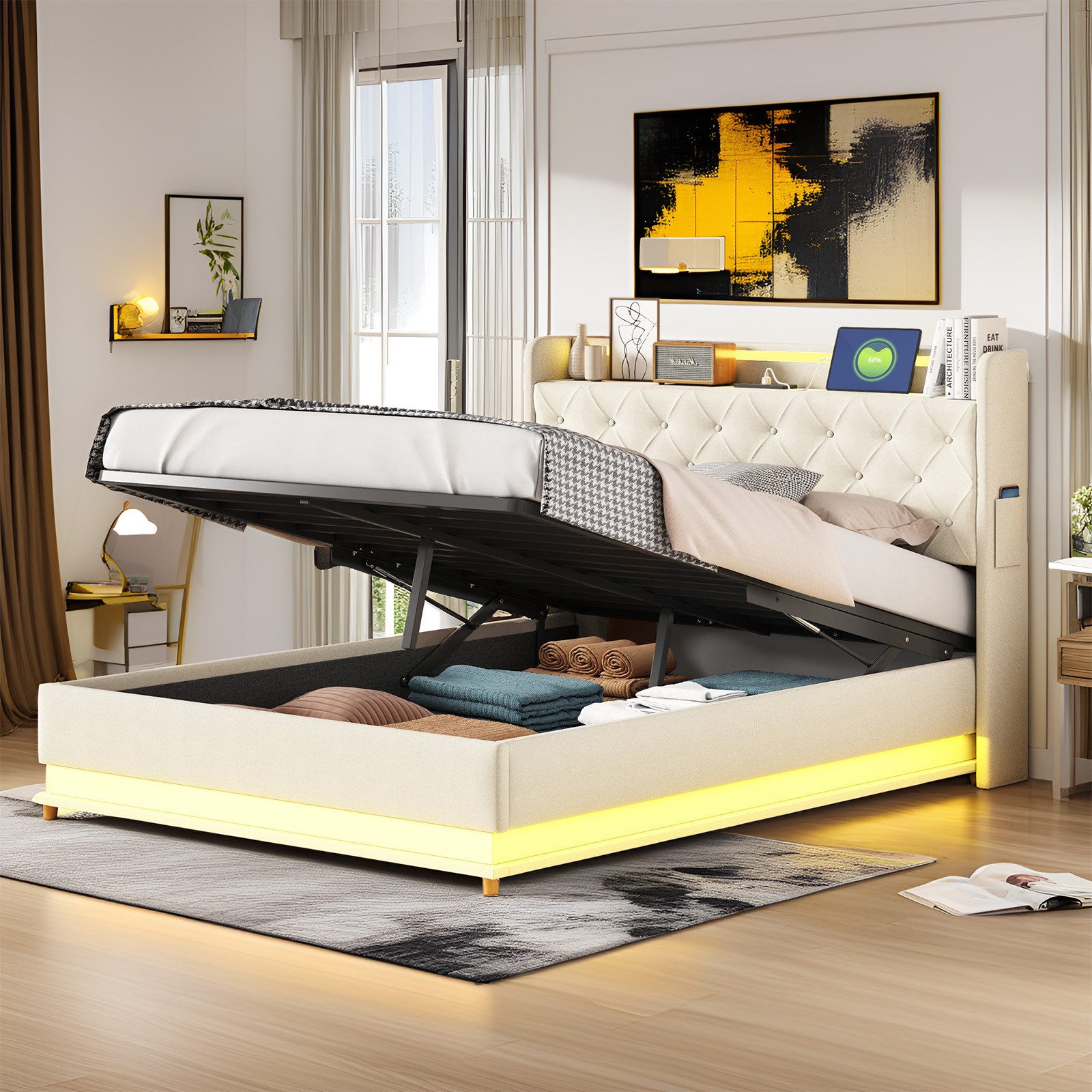MODFU Polsterbett mit LED-Farbwechsel (Stauraumbett mit günstig online kaufen