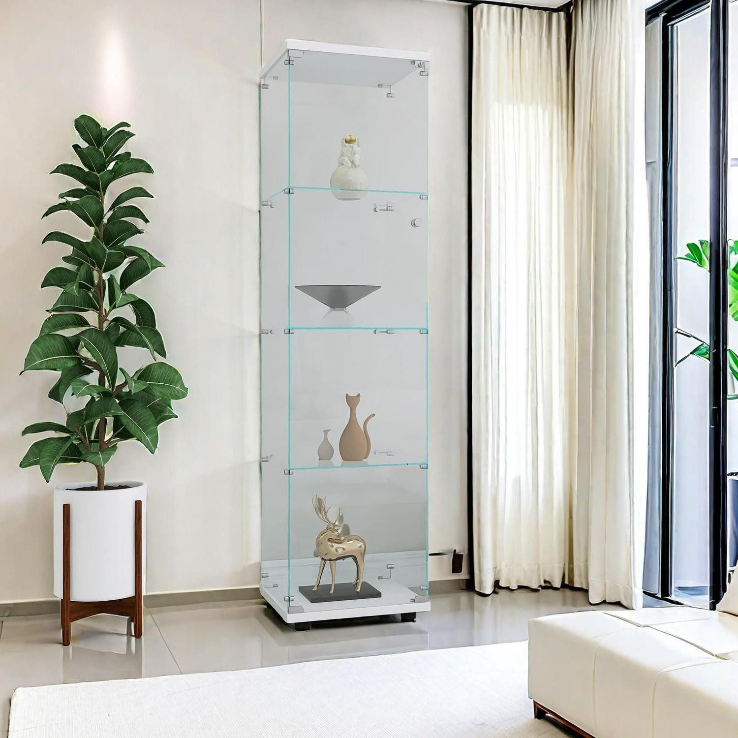LuxusKollektion Glasvitrine Vitrine Glas Regalschrank Bodenaufbewahrung 4 Etagen, 164*42*36cm Weiß
