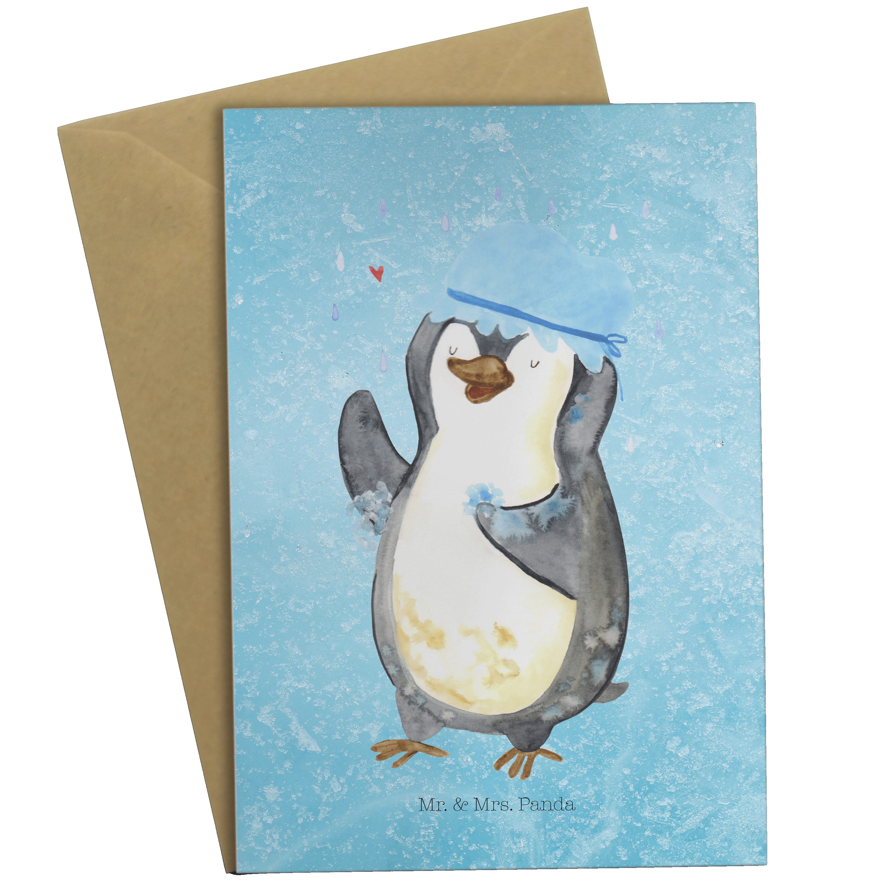 Mr. & Mrs. Panda Grußkarte Pinguin duscht - Eisblau - Geschenk, baden, Karte, Hochzeitskarte, Kl