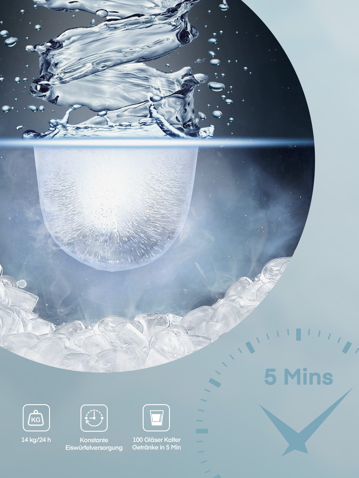 FOHERE Eiswürfelmaschine Klein, 14kg/24h, 6 Min. Eis, 2 Bullet Ice Größen, selbstreinigend, Party/Büro, blau