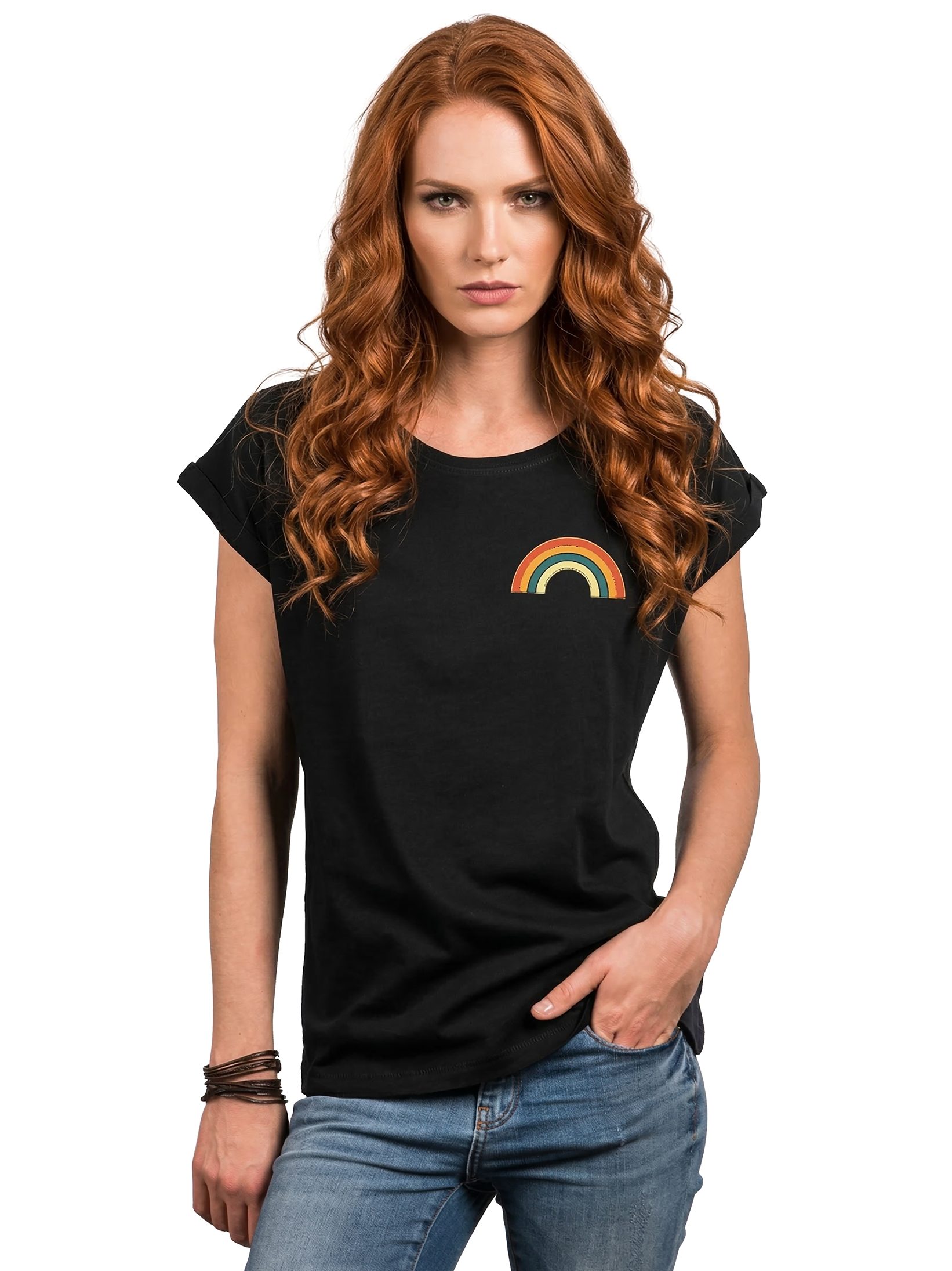 MAKAYA T-Shirt mit Regenbogen Damen Top Rainbow Sommer Tunika Stylisch Elegant (Schwarz, Blau, Grau, Grün, Rosa, Weiß, 36, 38, 40, 42, 44, 46, 48, 50) Baumwolle