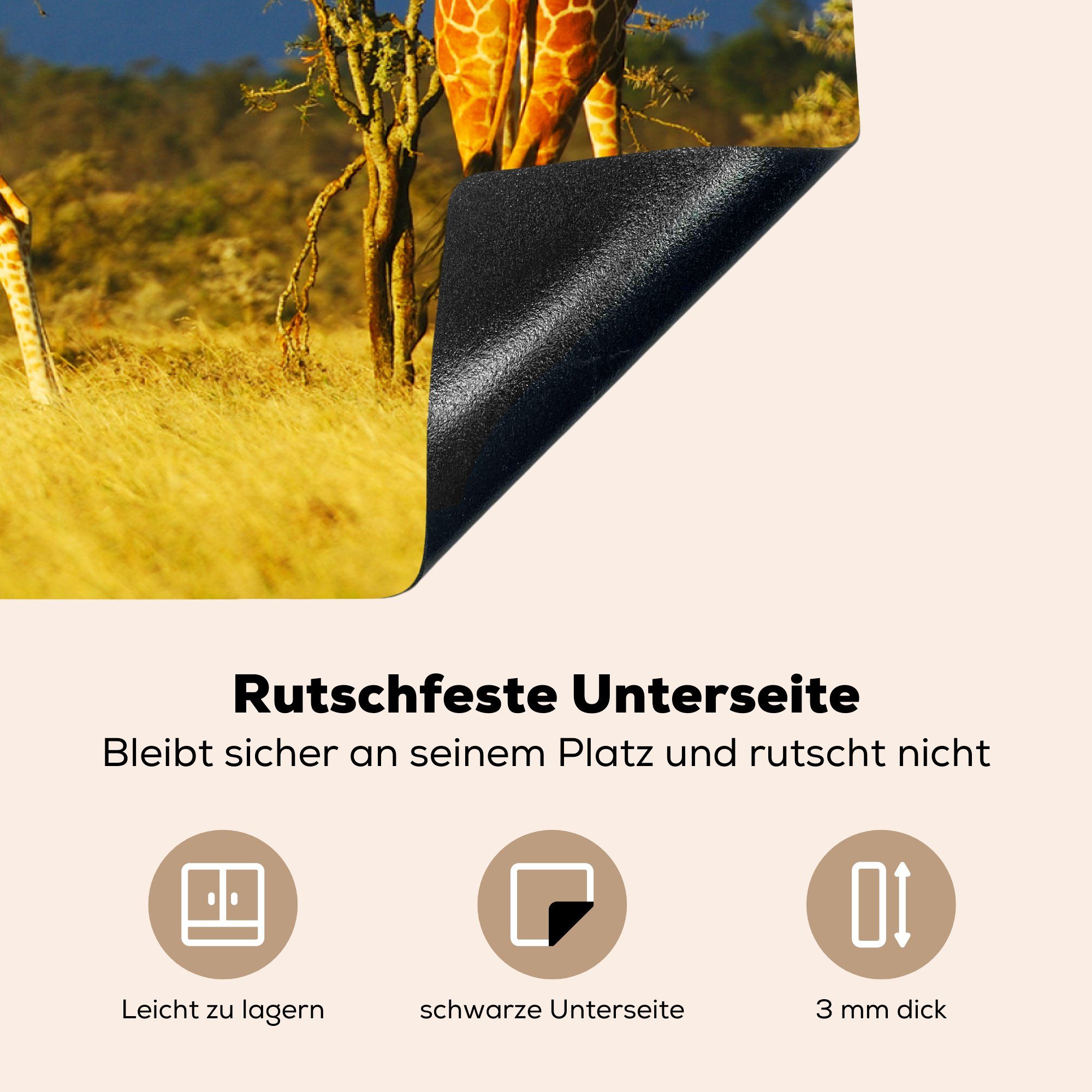 Giraffen in MuchoWow Drei (1 Herdblende-/Abdeckplatte Vinyl, Induktionskochfeld gelben 81x52 einer Schutz Ceranfeldabdeckung die Steppe, küche, tlg), cm, für