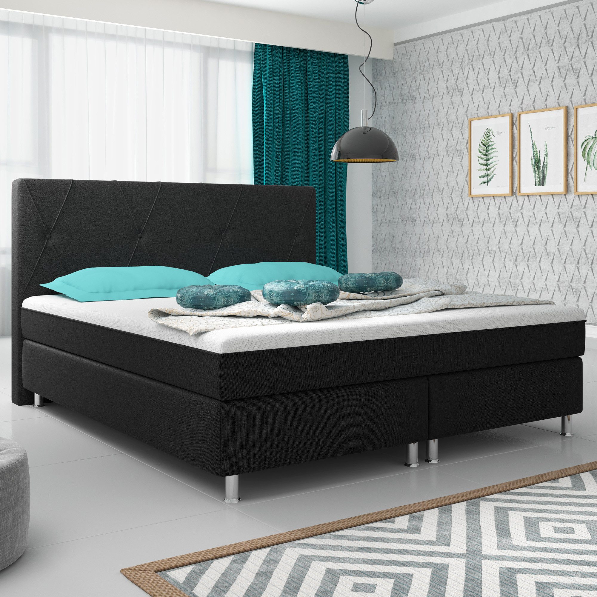 inter Boxspringbett Boston Plus Webstoff mit 7 Zonen Taschenfederkern und Topper-Optik (180x200 cm, Schwarz mit 7 Zonen Taschenfederkernmatratzen und Topper-Optik), Taschenfederkern-Komfort, gepolstertes Kopfteil, inklusive Matratzen