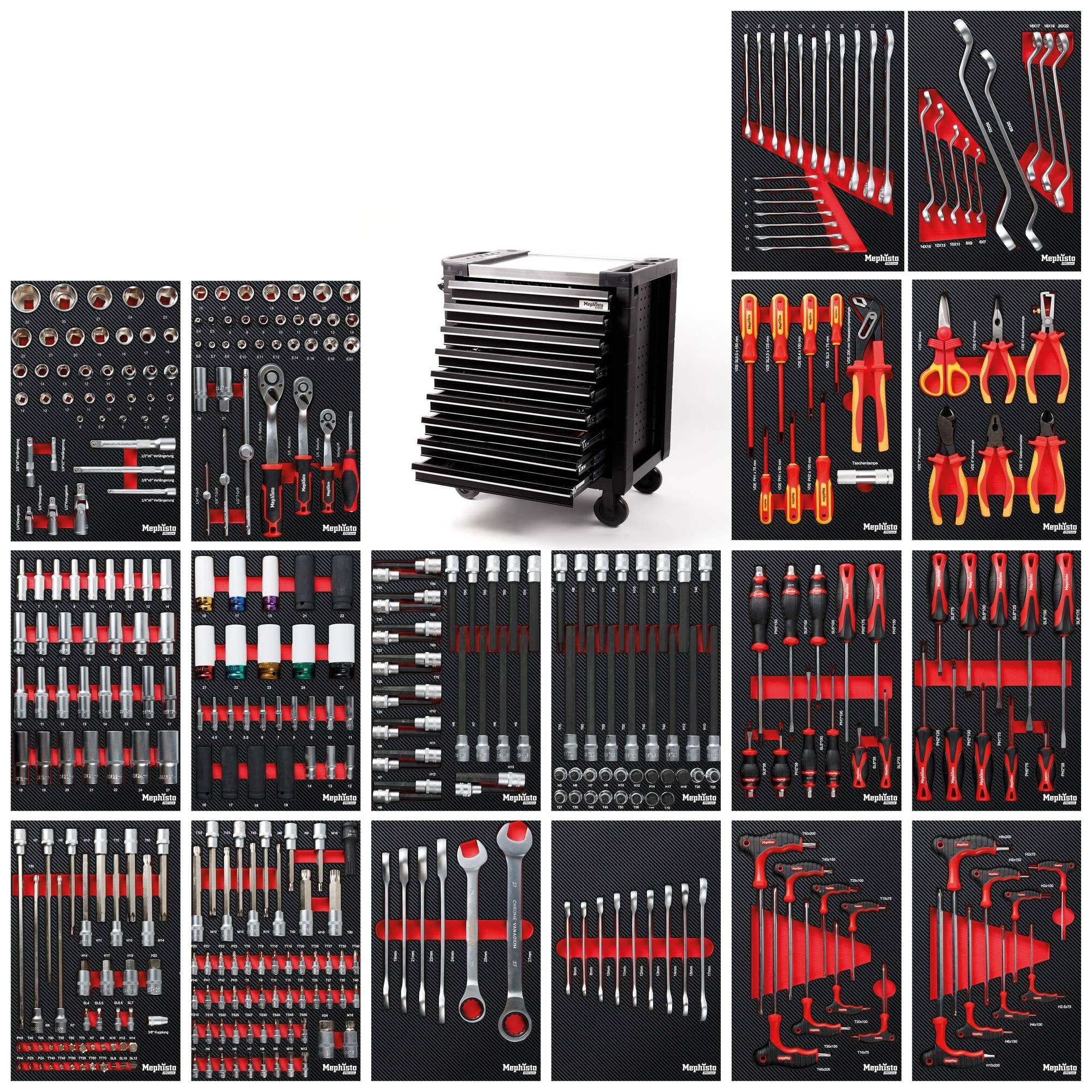 Mephisto-Tools Werkzeugwagen, (fertig montiert und bestückt), Werkzeug aus Chrom Vanadium Stahl, seitlich genormte Lochwand